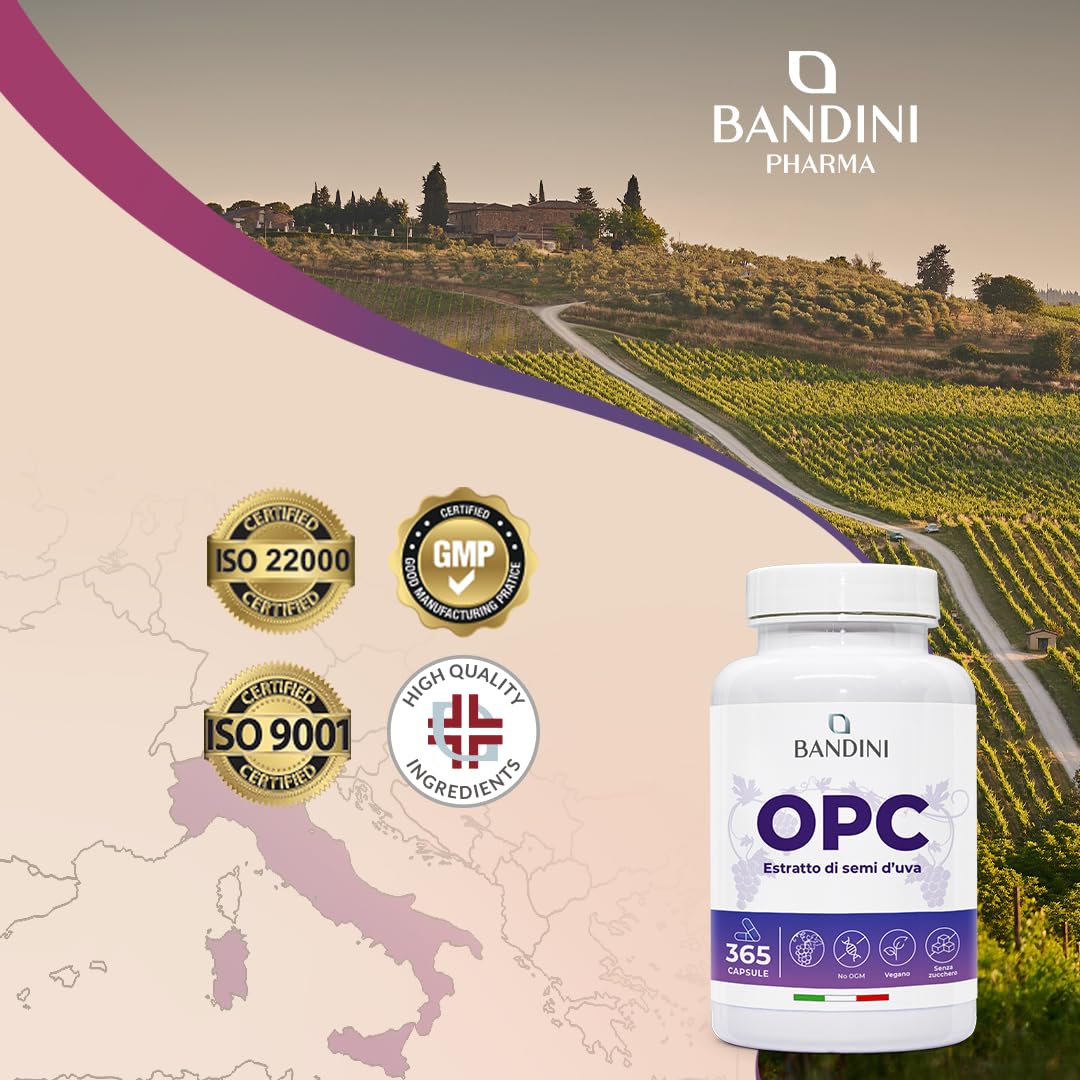 Bandini® Integratore OPC 365 Capsule Vegane, (95%) Estratto Semi d'Uva + Vitamina C, OPC puro da uva italiana con Contenuto più Alto Secondo HPLC, Antiossidante, Proantocianidina Oligomerica 95%