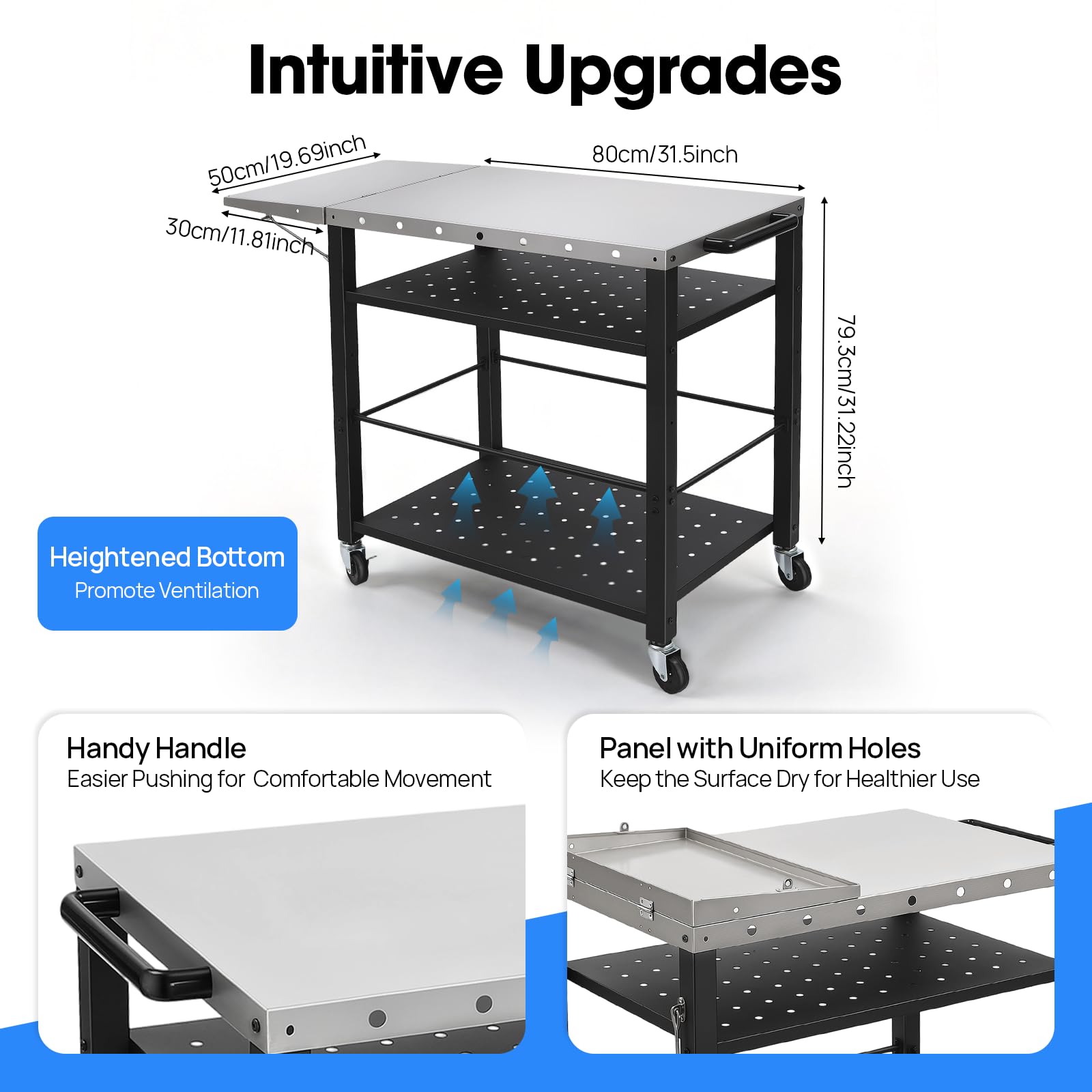 Table de barbecue mobile, 80 x 50 x 79,3 cm, chariot de barbecue d'extérieur avec 4 roues, chariot de service à 4 étages en acier inoxydable et polypropylène, étagère à étagères, table