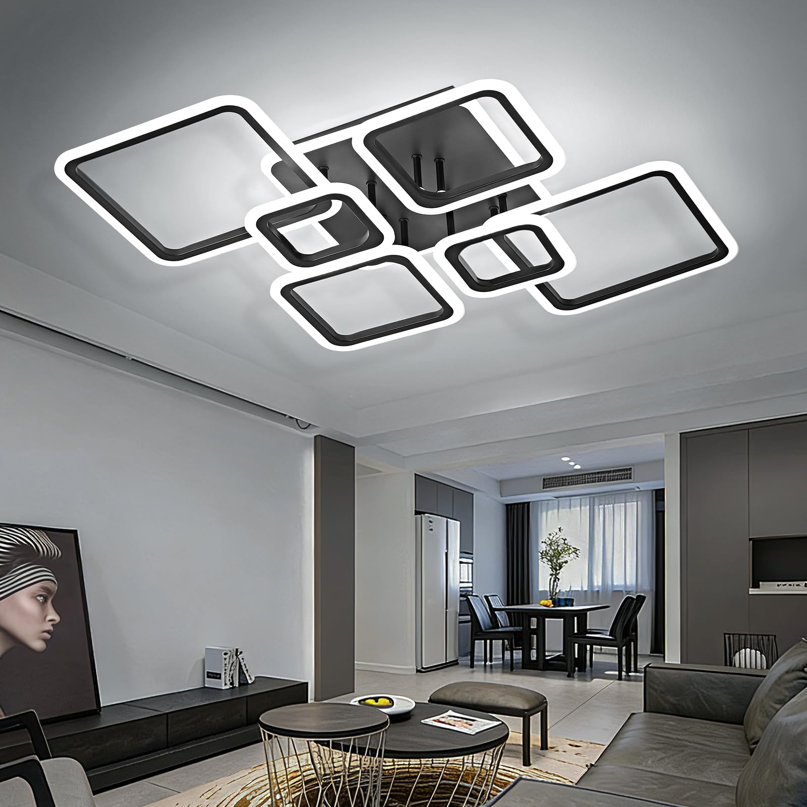 OKELI Plafoniera LED Soffitto Moderno, 48W, Nero, con 7 Pannelli Quadrati in Acrilico. Grande Plafoniera a LED Ideale per Soggiorno, Camera da Letto e Cucina, Luce Bianca Fredda 6000K.