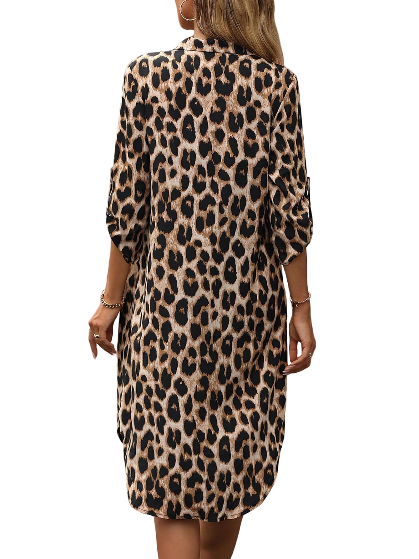 SweatyRocks Hemdblusenkleid Damen Langarm Knielang Elegantes Leoparden Kleid Blusenkleid Herbstkleid Langes Leo Kleid Tunikakleid Mit Tasche