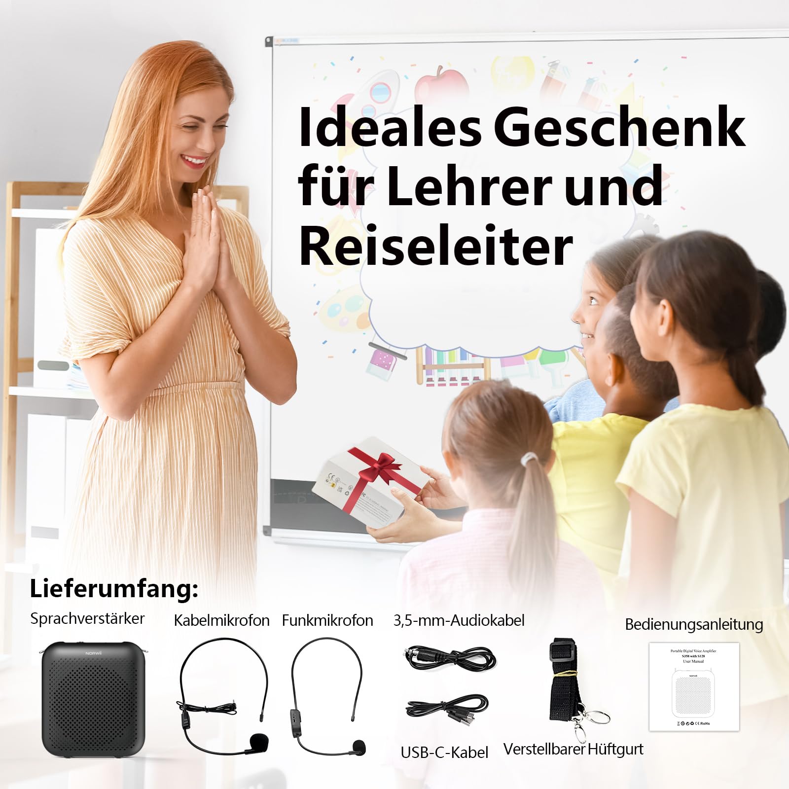 Norwii Kabelloser Sprachverstärker für Lehrer, Tragbarer Bluetooth Lautsprecher mit 2 Headsets, Mini Megafon PA-Endstufen für den Unterricht, Reiseleiter & Reden, 15W Leistung, 5200mAh Akku