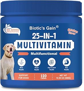 Biotic's Gain Dog Multivitamins, 25 in 1 Complete Care, 120 Soft Chews, Chicken Flavour