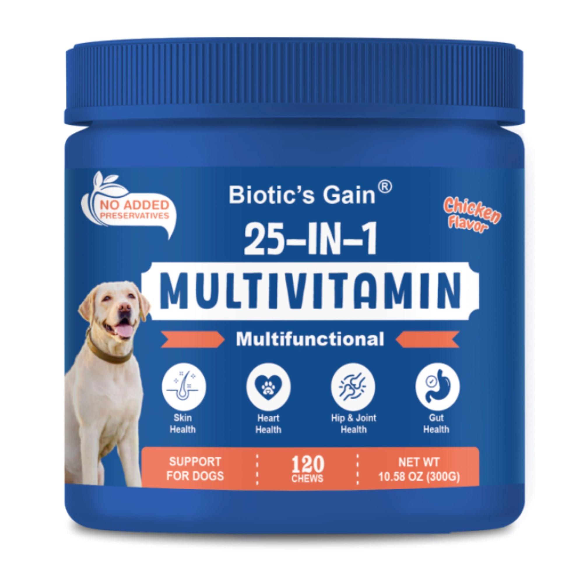 Biotic's Gain Dog Multivitamins, 25 in 1 Complete Care, 120 Soft Chews, Chicken Flavour