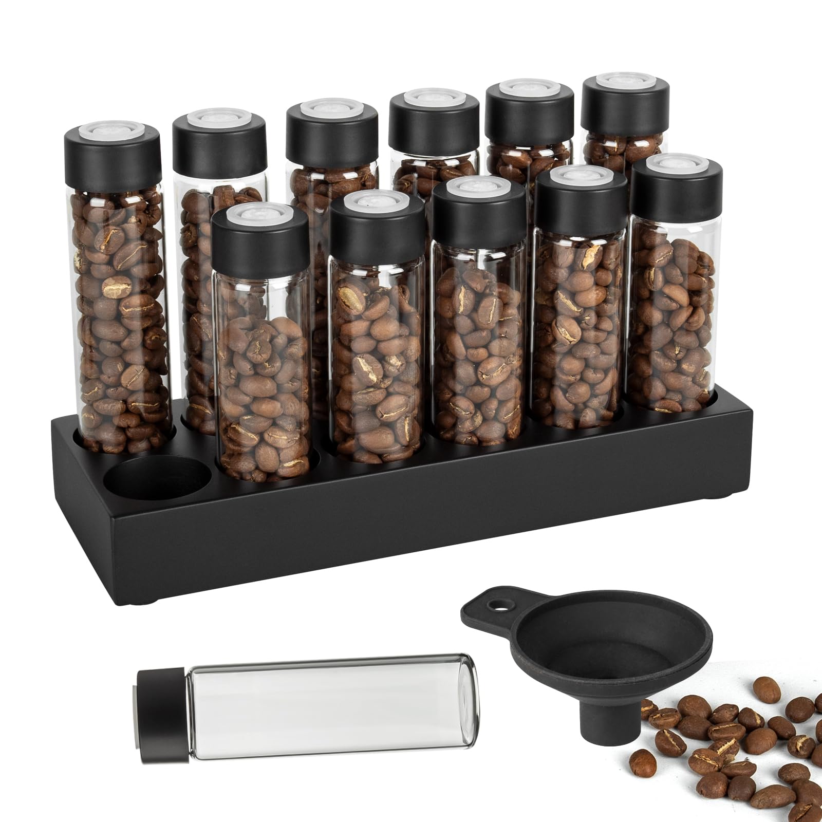 12 Tubi di Vetro per la Conservazione dei Chicchi di Caffè | Contenitori per la Conservazione dei Chicchi di Caffè Monodose con Supporto in Legno di Faggio, e Imbuto