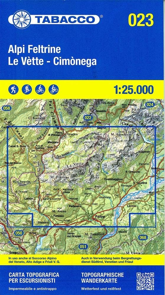 Alpi Feltrine / Le Vette / Cimonega (023): Tabacco Wanderkarte 1:25000