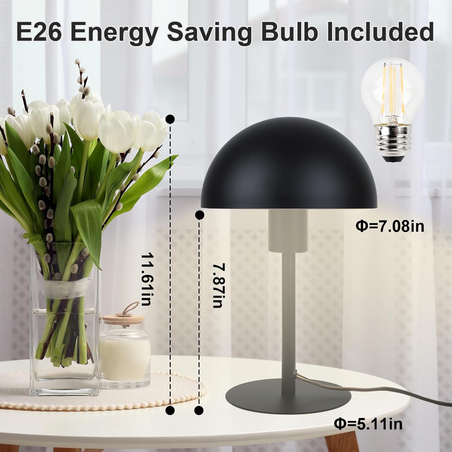 LALISU Mushroom Lamp Small Bedside Table Lamp, Retro Vintage Table Lamps Dimmable Nordic Reading Lamp Night Light for Bedroom Living Kitchen, Gifts (Black)