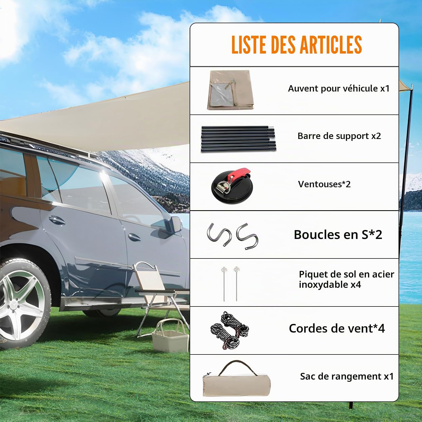 LIROPAU Auvent Caravane Travel, Motorhome Tarp avec 2 Piquets de Tente, 2 Ventouses, 4 Cordes à Vent, 4 Piquets de Sol pour Campeur, CampingCar, Van – 2 m (H) x 4,3 m (L)