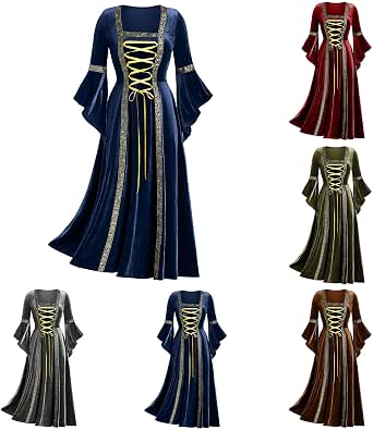 Costume d'Halloween pour femme - Robe longue médiévale de couleur unie - Robe longue vintage à Costume d'Halloween pour femme - Robe longue médiévale de couleur unie - Robe longue vintage à