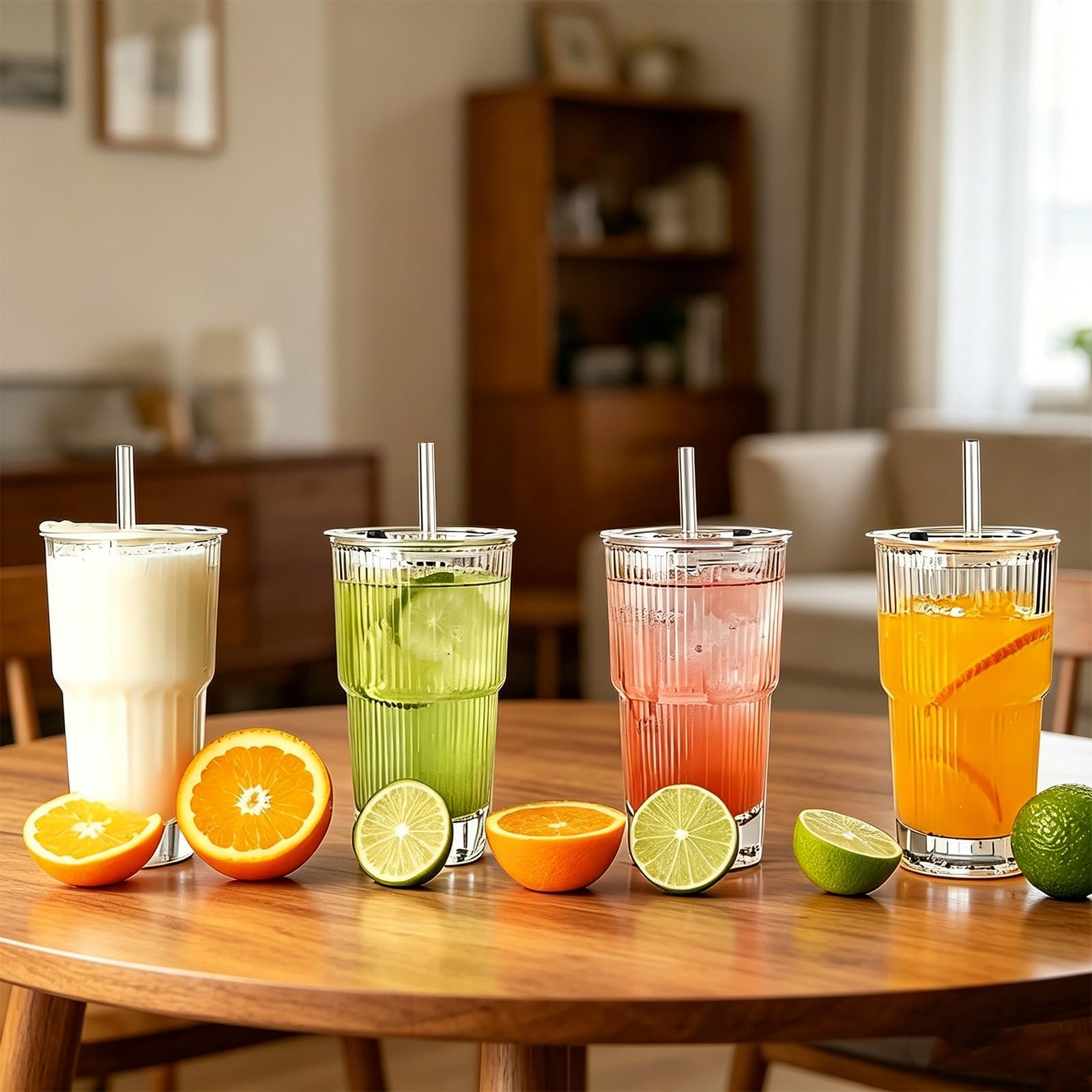 Tazze di vetro a righe, 2 parti, tazze di vetro, bicchiere da bere, bicchiere da long drink, bicchiere rigato con coperchio e cannuccia, bicchiere da 600 ml per smoothie, tazza di vetro, con spazzola