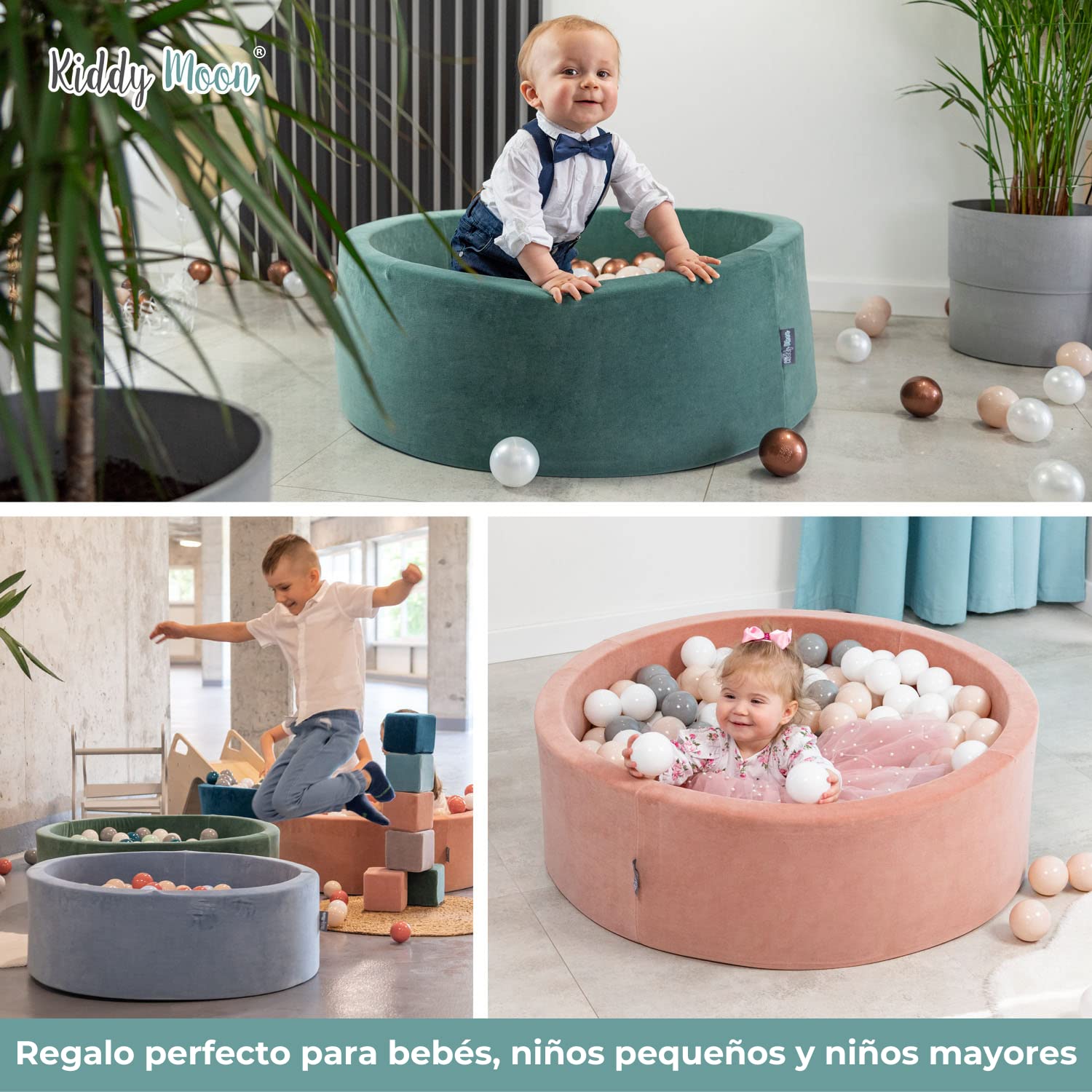 KiddyMoon Piscina de Bolas en Terciopelo para Bebés Redonda 90x30 con 200 Pelotas 7cm Zona de Juego Niños Pequeños Verde del Bosque - Turqosc Gris Blanco Menta