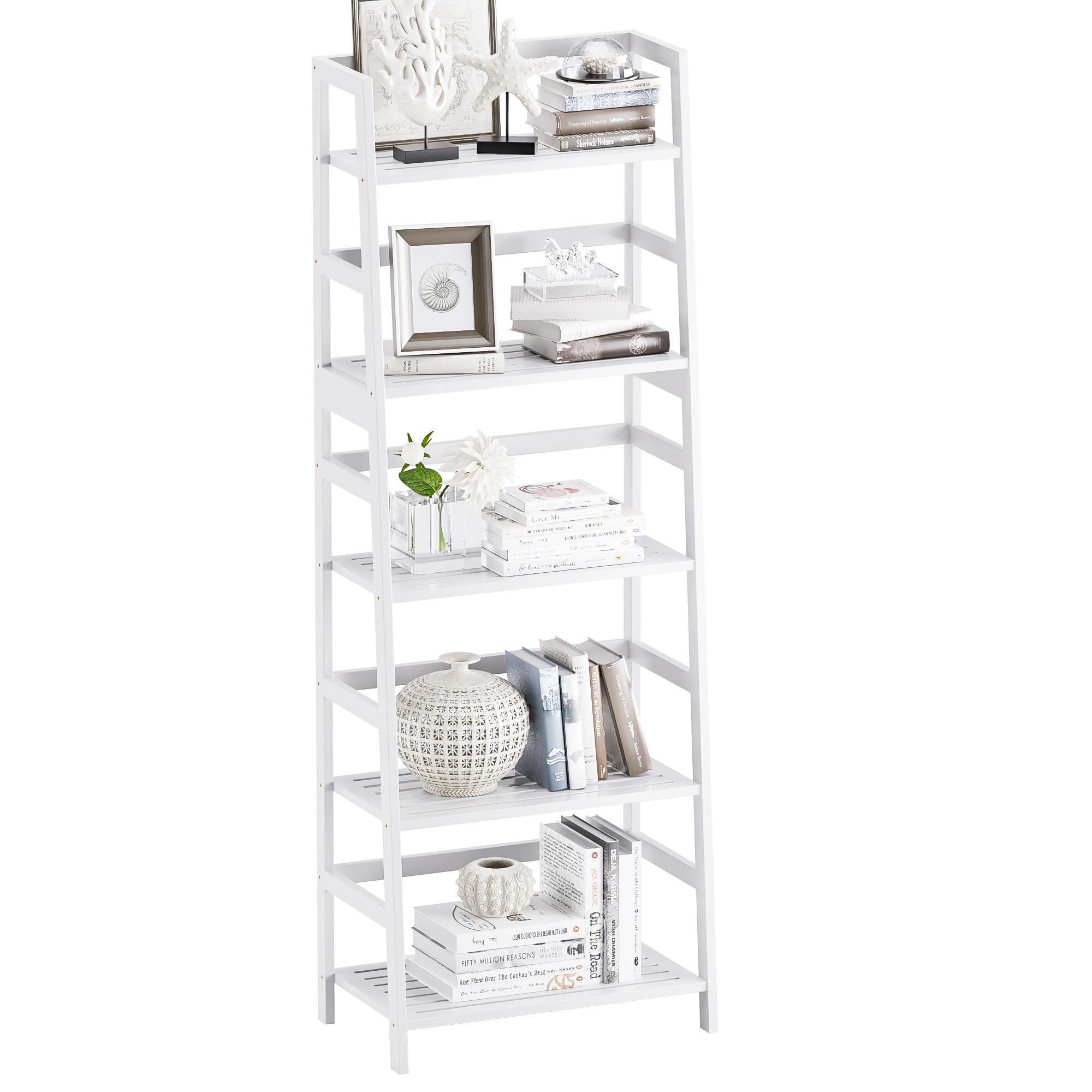 vovala Estante de Escalera, Estantería de 5 Niveles de bambú, Estante de Almacenamiento de Madera Abierto Independiente, Soporte para Plantas de exhibición para Sala de Estar, Oficina, Blanco