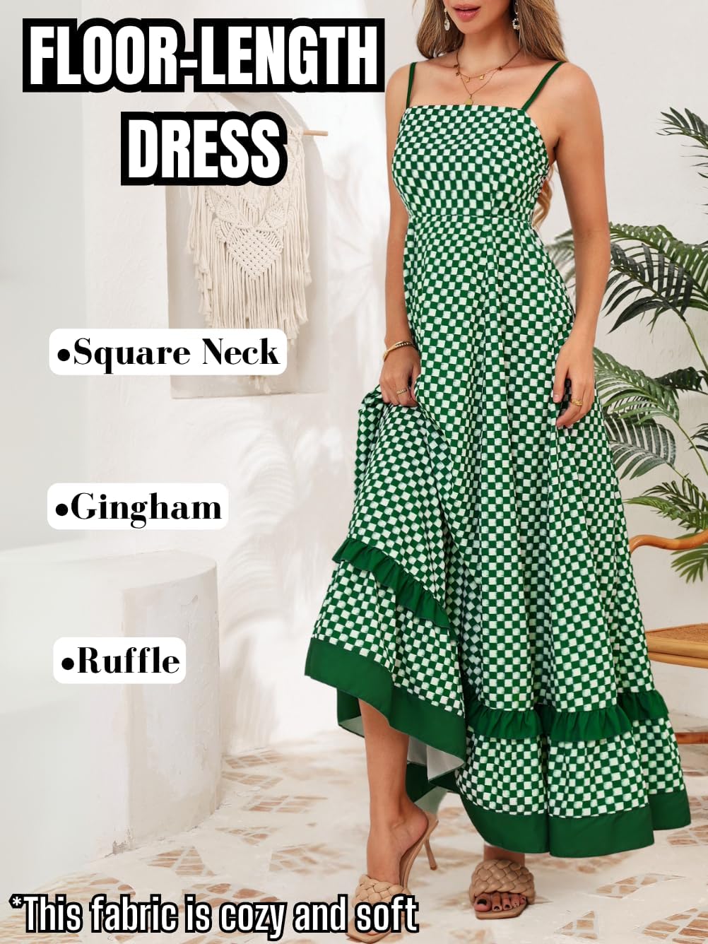 Checkered-Print Floor-Length Dress, A-Line Ruffle Backless, Summer Beach Vacation, Gingham Plaid Smocked Long