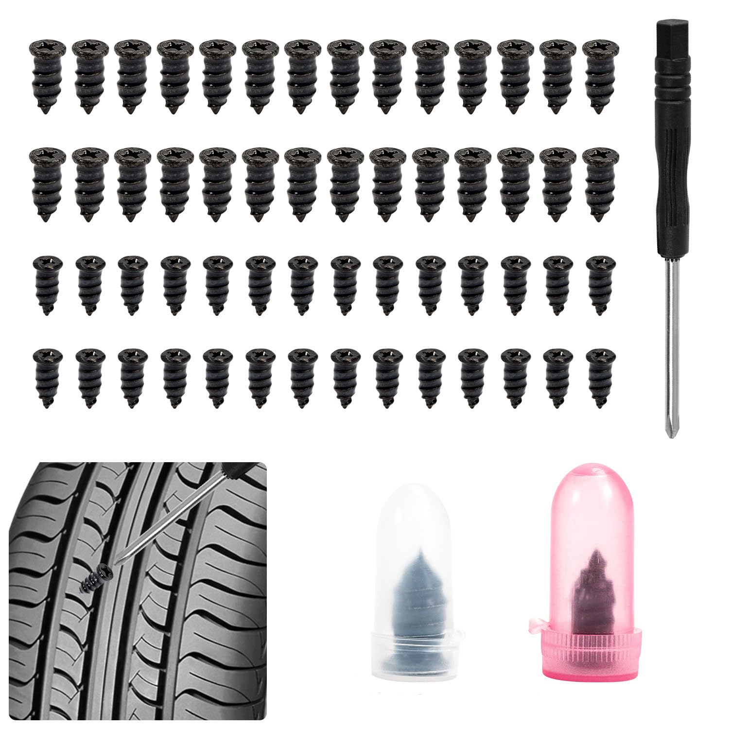 Bafiwu 100Pcs Tyre Repair Nails with Screwdriver, Rubber Screw Tyre Plugs, Fast Self-Service Vacuum Tyre Repair Nail Kit for Cars SUVs Trucks Motorcycles Bicycles (50 S+50 L)