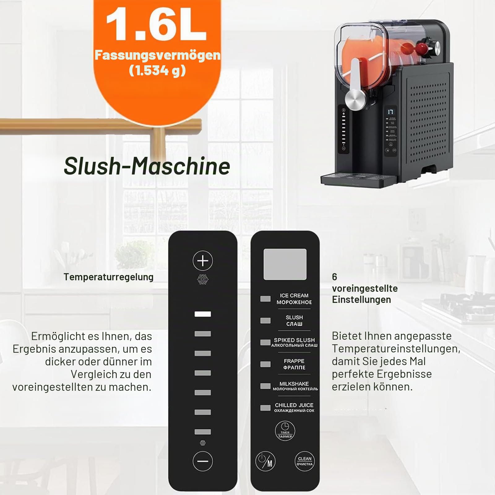 Slush-Maschine,200w GefriergeträNke&Eismaschine – Kein Eis Erforderlich, Slush-Maker + Echtzeit-Temperaturanzeige + Automatische Reinigung+6 Voreingestellte Programme + Touch-Steuerung