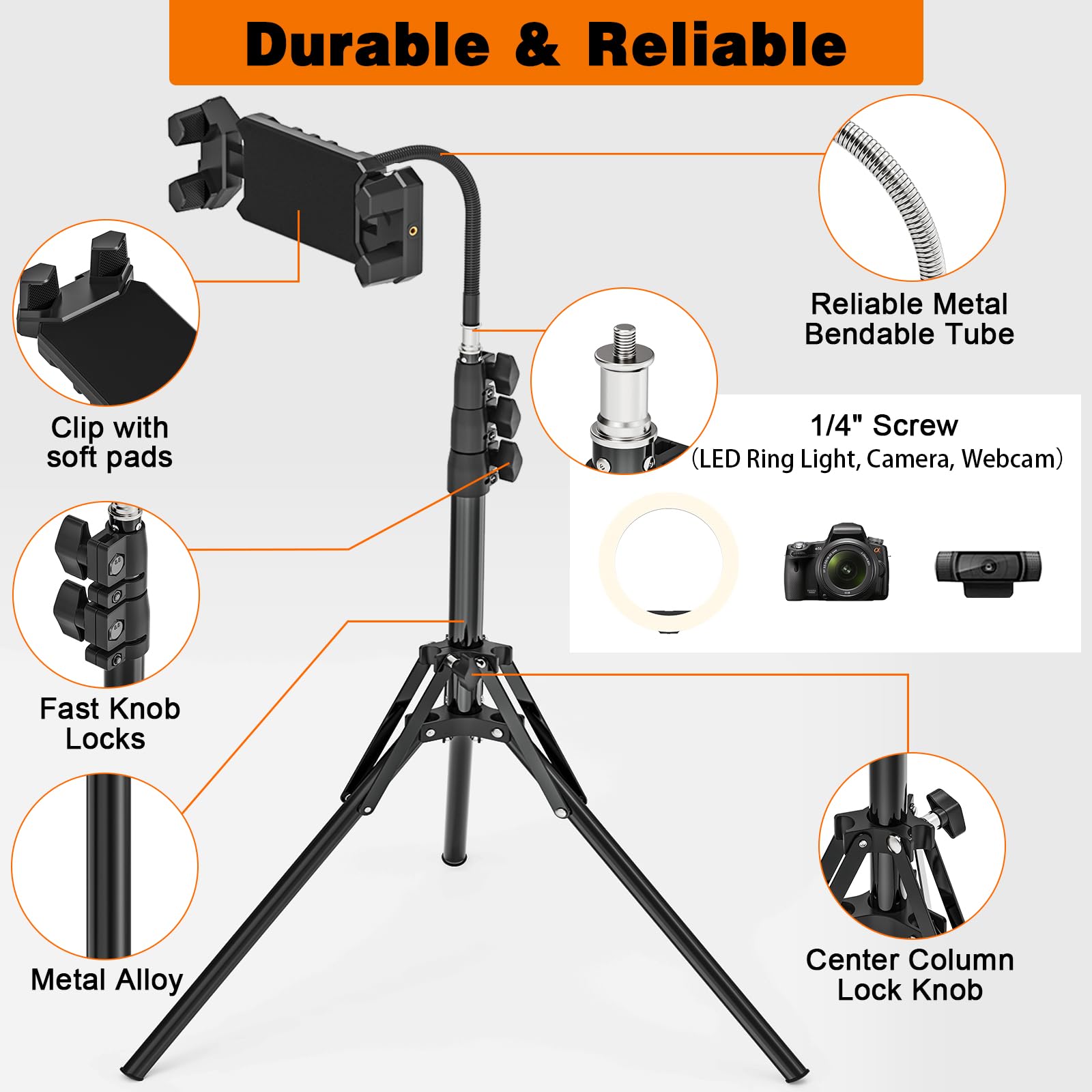 Support pour Tablette, Réglable en Hauteur Jusqu'à 175cm Trépied pour Tablettes, Support de Tablette avec Col de Cygne, Trépied pour iPad Pro/Air/Mini 4.7"-13.5" Tablettes.