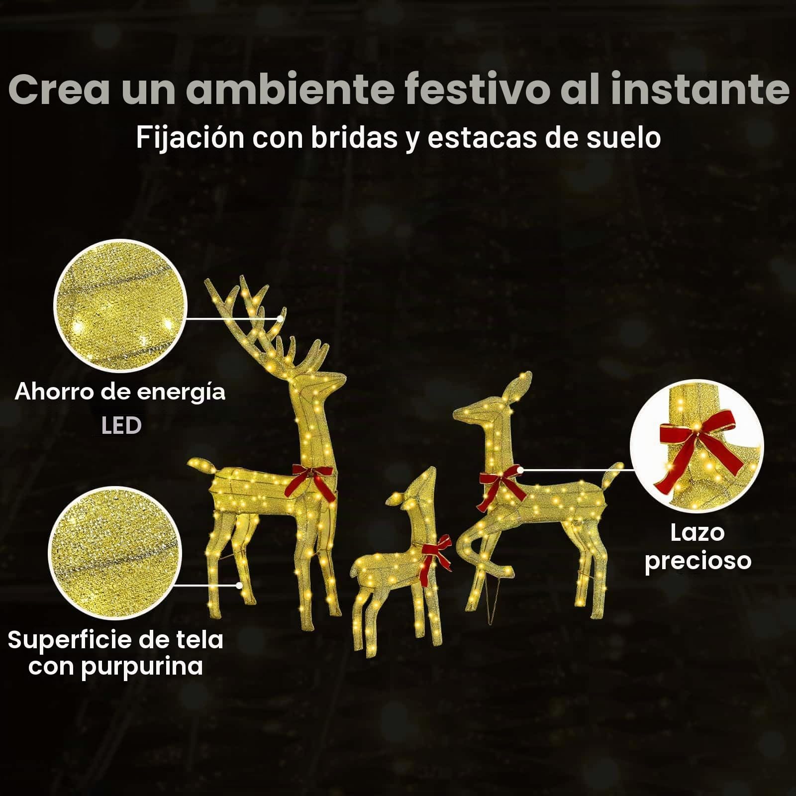 vidaXL Familia de Renos con 300 LED 3 pcs cálido 68 x 26 x 127 cm Tela, Sala, decoración Moderna de Renos, Figuras navideñas, luz USB, Adornos Festivos para tu hogar