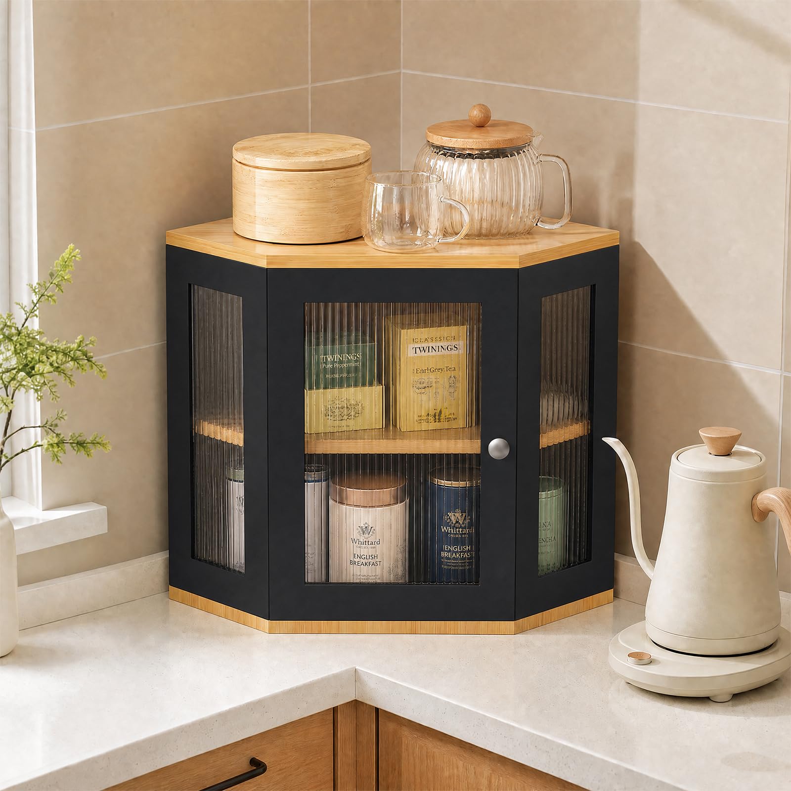 Panera de madera de 2 niveles con ventana, estantería esquinera de cocina para pan y utensilios de cocina, ahorra espacio y elegante, 29,5 x 29,5 x 35 cm, color negro