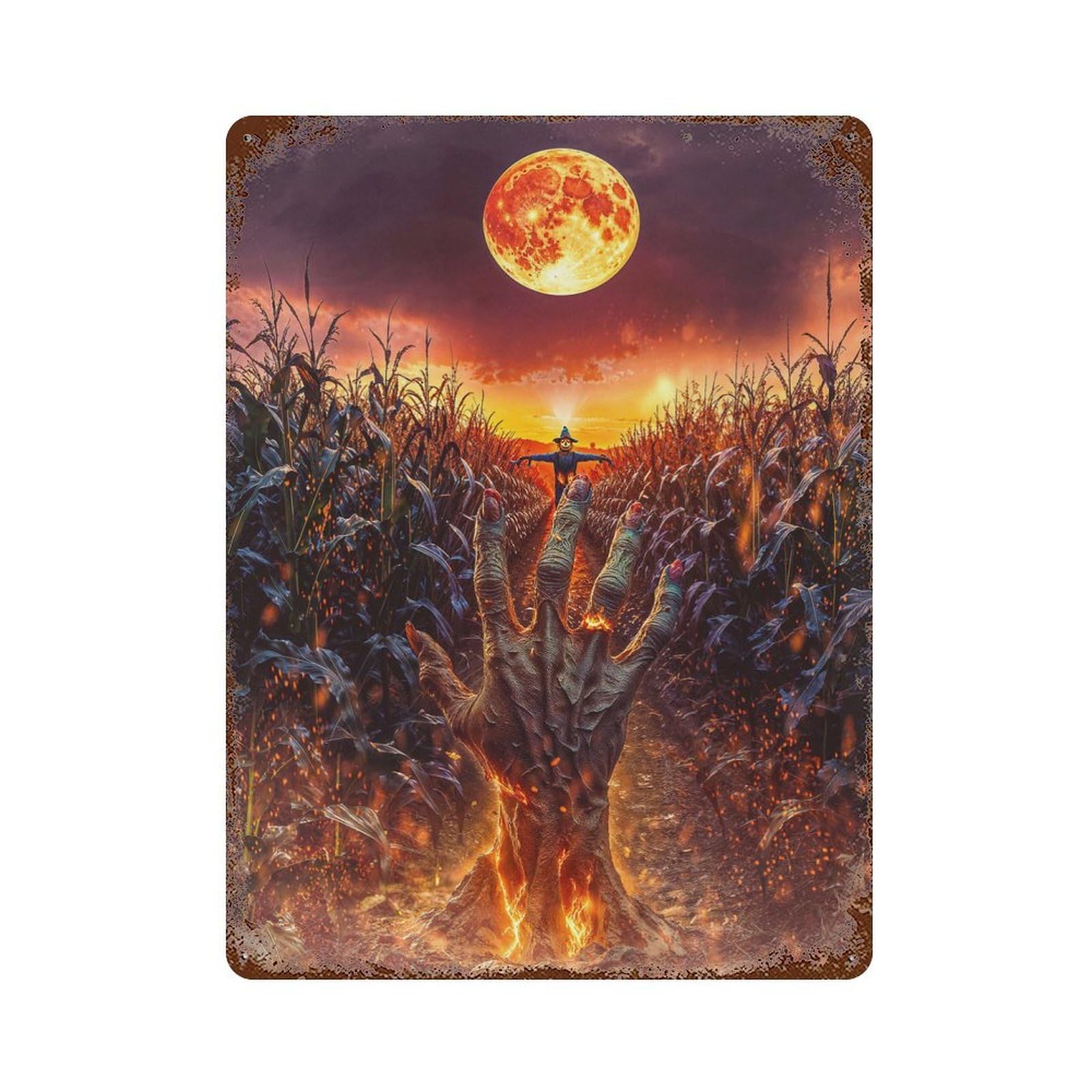 Burning Hand in Cornfield En Halloween Distressed Metal Wall Sign 15.7"x11.8", Ideal for Cafe, Home Bar And Lounge Decor