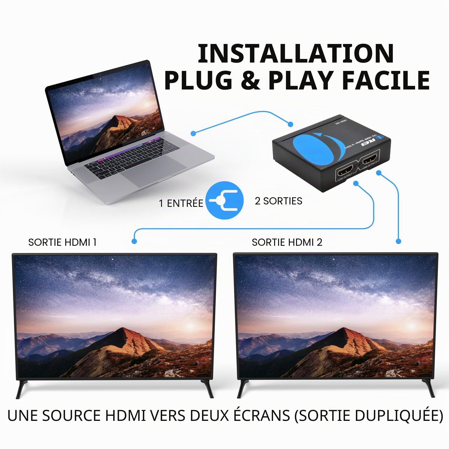 OREI Répartiteur HDMI 4K 1 entrée 2 Sorties – Ultra HD 4K @ 30 Hz 1 x 2 V 1.4 HDCP, Alimentation HDMI Prend en Charge 3D Full HD 1080p pour Xbox, PS4 PS3 Fire Stick Blu Ray Apple TV HDTV – Adaptateur