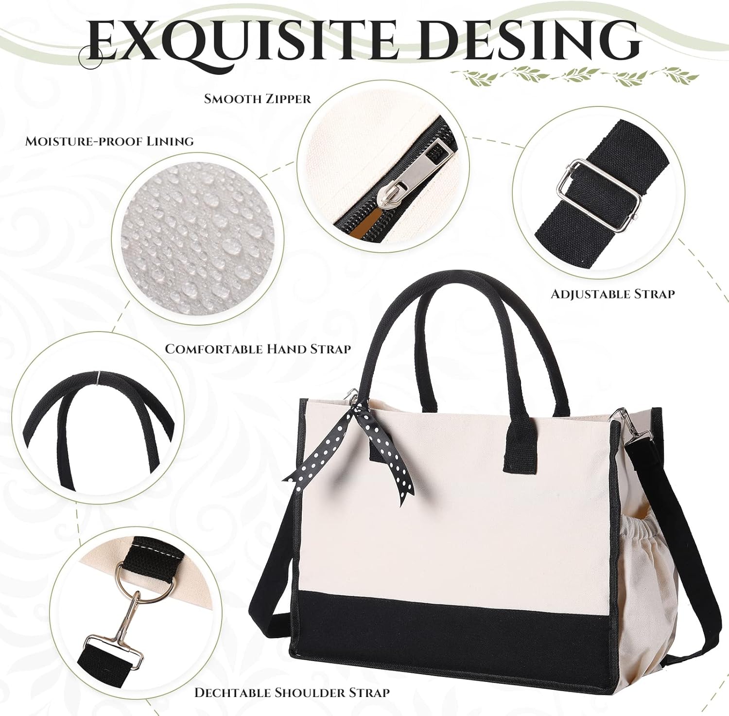 Sweetude 8 Pcs Canvas Tote Bag Shoulder Strap Black White Canvas Bag Zipper Opening Pockets Grocery Tote for Women Gift DIY - Image 4