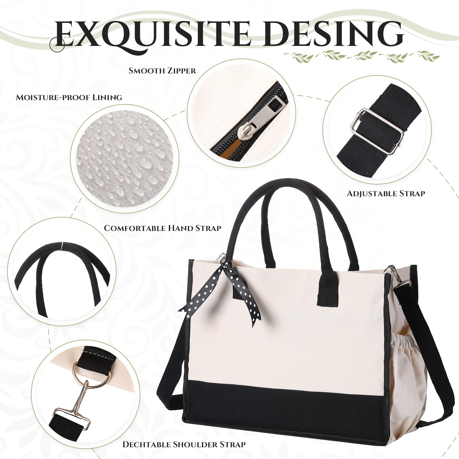 Sweetude 8 Pieces Canvas Tote Bag with Shoulder Strap Black and White Canvas Bag with Bow Zipper Opening Pockets Grocery Totes for Women Work Daily Travel Birthday Bridesmaid Gifts DIY Bag