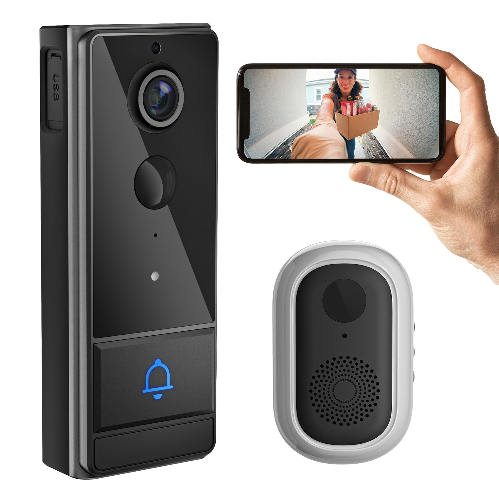 Smart Smart WiFi, campanello senza fili, intercom con PIR Wakeup 1280 x 720, visione notturna, due possibilità audio, IP65, Water Proof for Home Security,