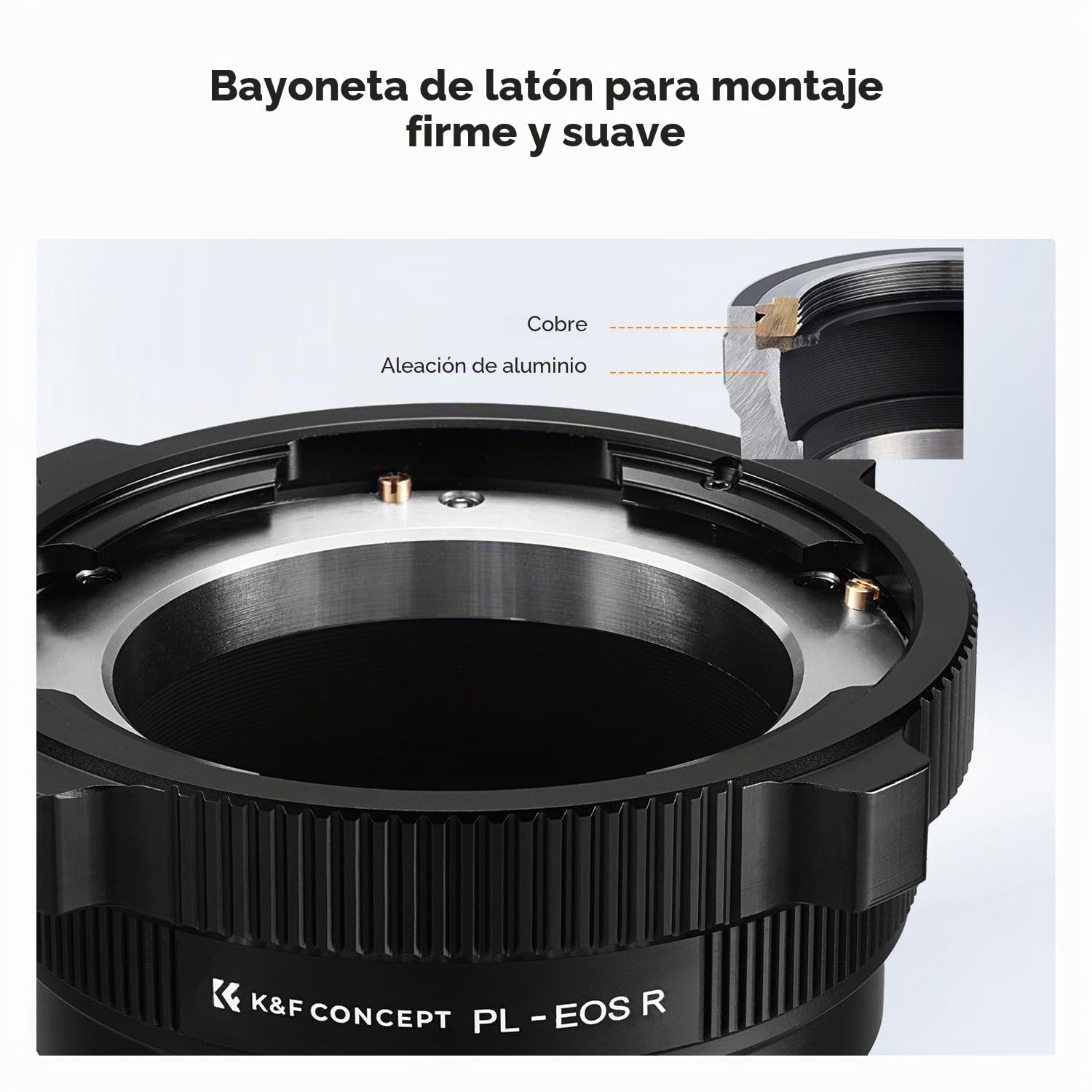 K&F Concept Adaptador PL-RF RF Aluminio Enfoque Infinito | Enfoque infinito, aluminio anodizado, interior mate, montura PL-RF, sin autofocus, manual, para cine PL, AR122