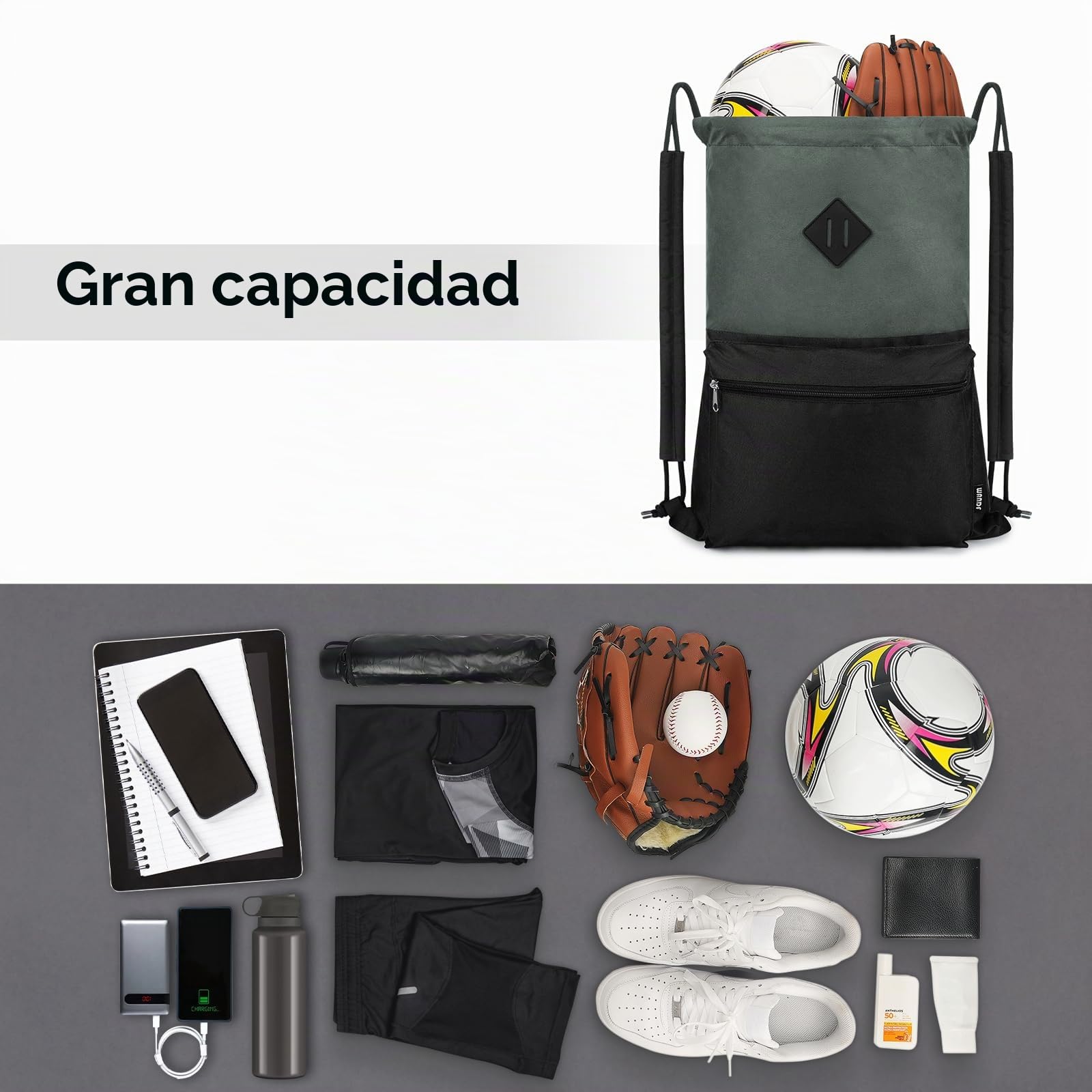WANDF Mochila con cordón, bolsa deportiva para gimnasio con compartimento húmedo, bolsa resistente al agua cordón para hombres y mujeres (negro con hombrera)