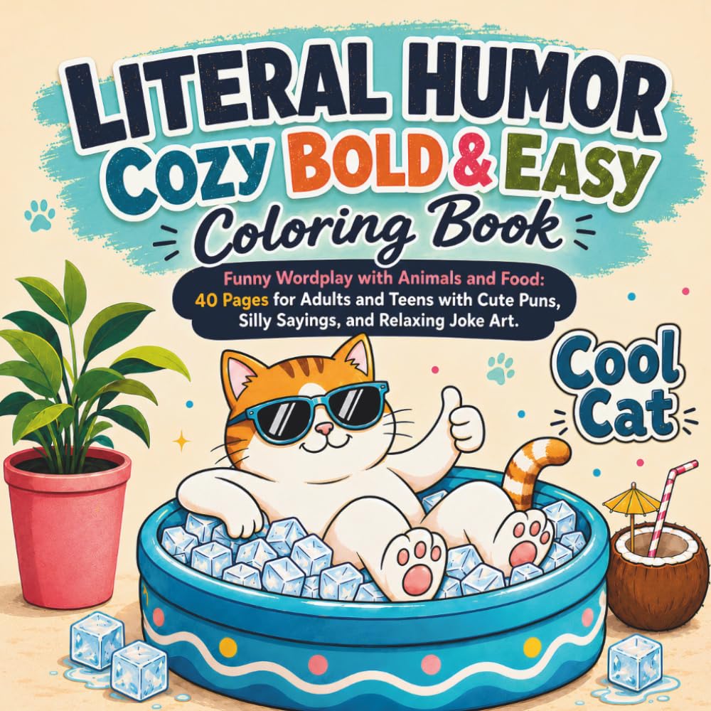 Literal Humor Cozy Bold & Easy Coloring Book: Funny Wordplay with Animals and Food: 40 Pages for Adults and Teens with Cute Puns, Silly Sayings, and Relaxing Joke Art