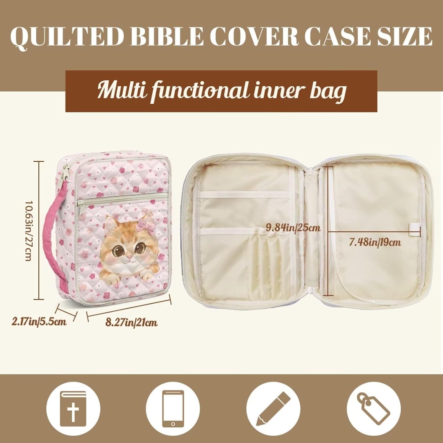 Rnyleeg Kawaii Cat Bible Cover Case for Women Girls Kids Quilted Bible Cover Light Pink Bible Carrying Case with Handle Cute Flowers Scripture Bag for Highlighters, Pens, Notebooks, Journal