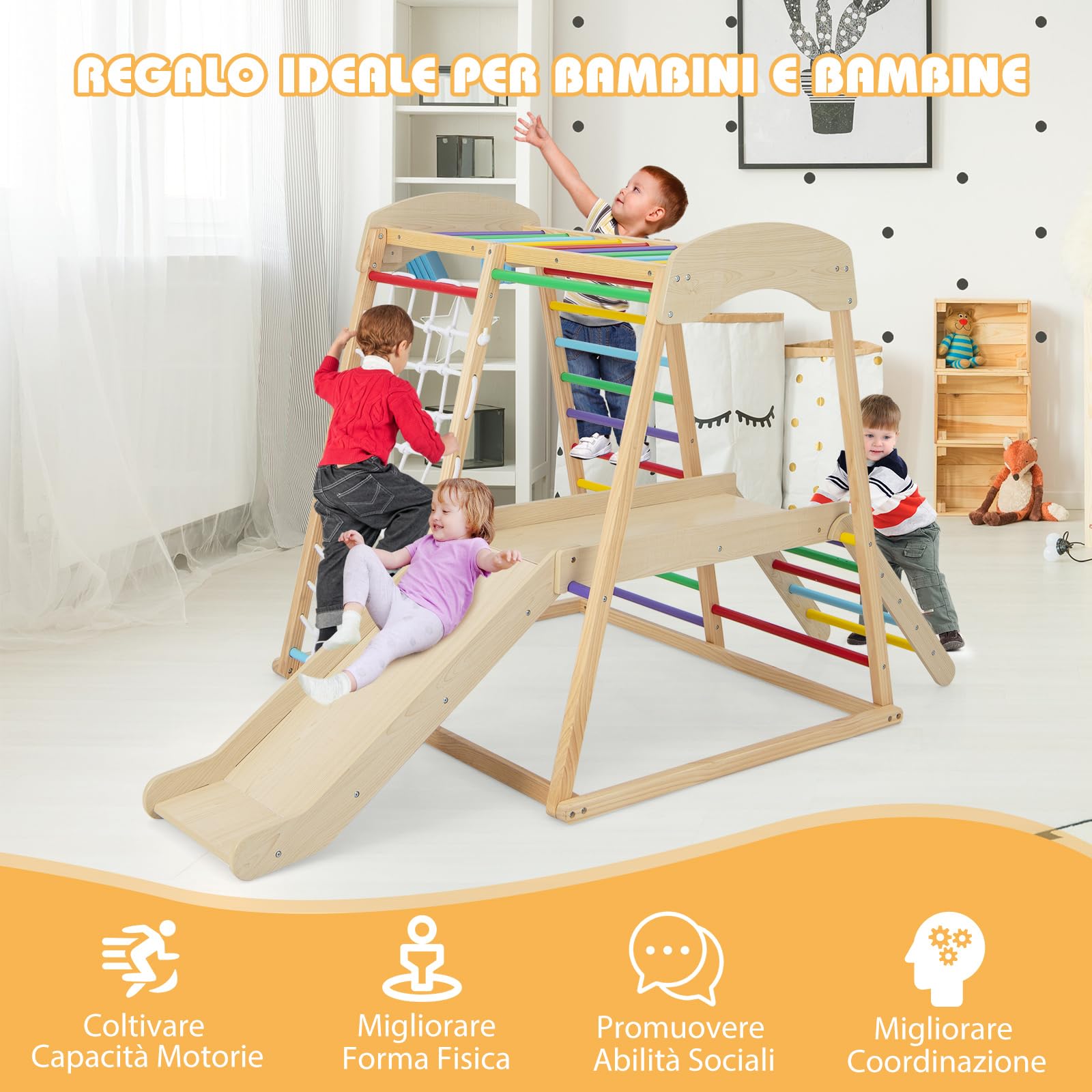 COSTWAY 6 in 1 Set Arrampicata per Bambini, Palestra in Legno con Barre di Scimmia Scivolo Corda e Scale in Legno, Parco Giochi per Bambini 1+ Anni (Colorato)