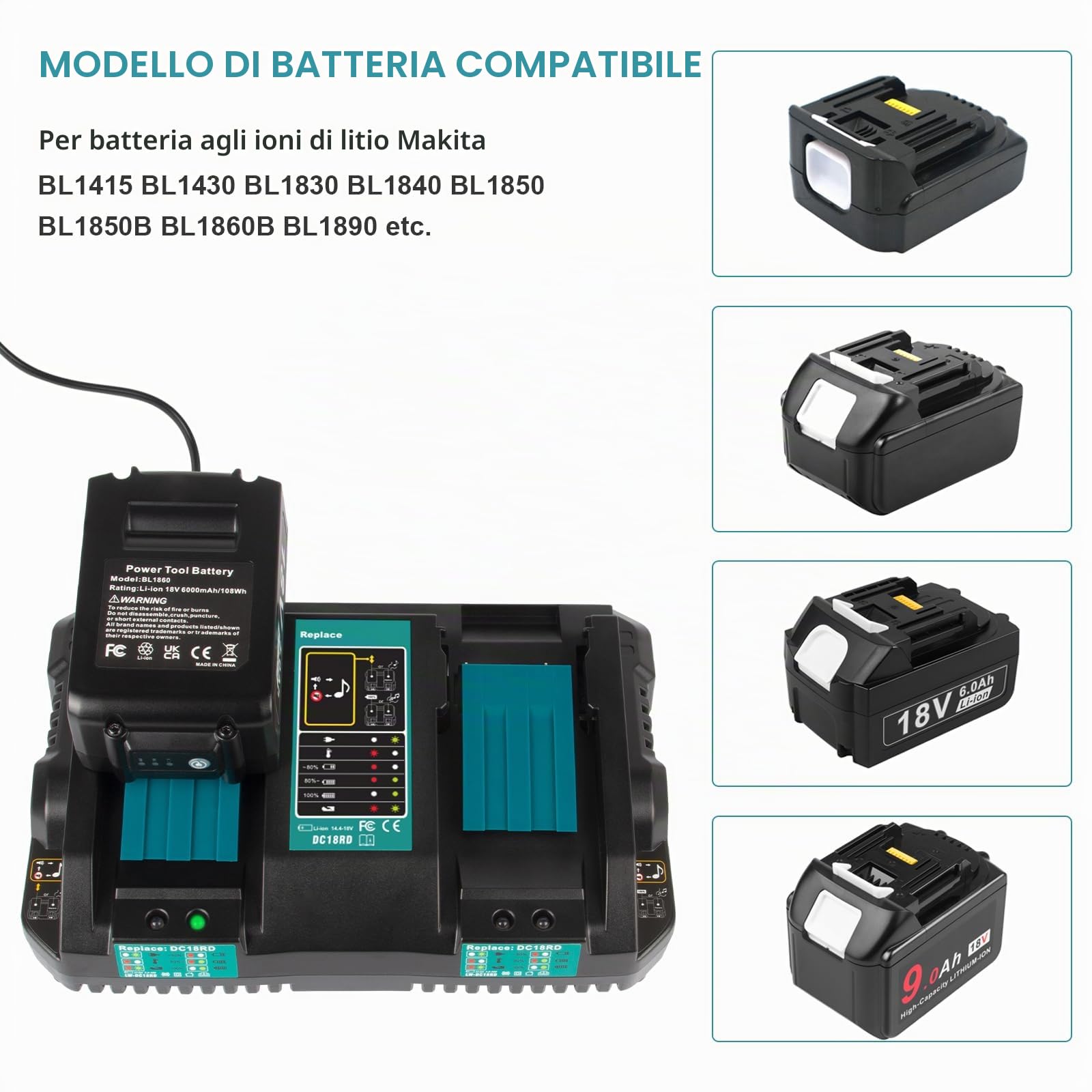 4A 14,4V-18V Caricabatterie a 2 Porte per Makita, Caricatore di Batteria agli Ioni di Litio per Makita Ricambio BL1850 BL1860 BL1815N BL1830 BL1840