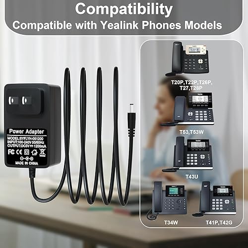 Miniatura 2 de Adaptador de corriente de 5V 1.2A para teléfonos Yealink compatible con T53, T53W, T26P, T27, T28P, T34W, T41P, T42G, T43U, T20P, T22P, MP50