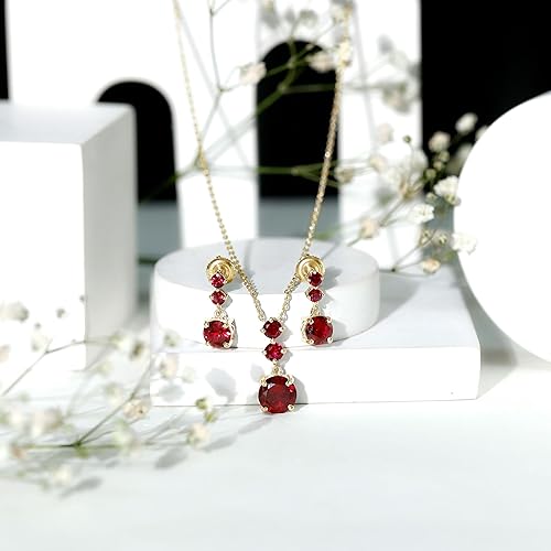 Vista 11 de Juego de joyas de rubí creado de 6 quilates para mujer, conjunto de joyas de rubí creado de tres piedras, conjunto de joyas colgantes de rubí