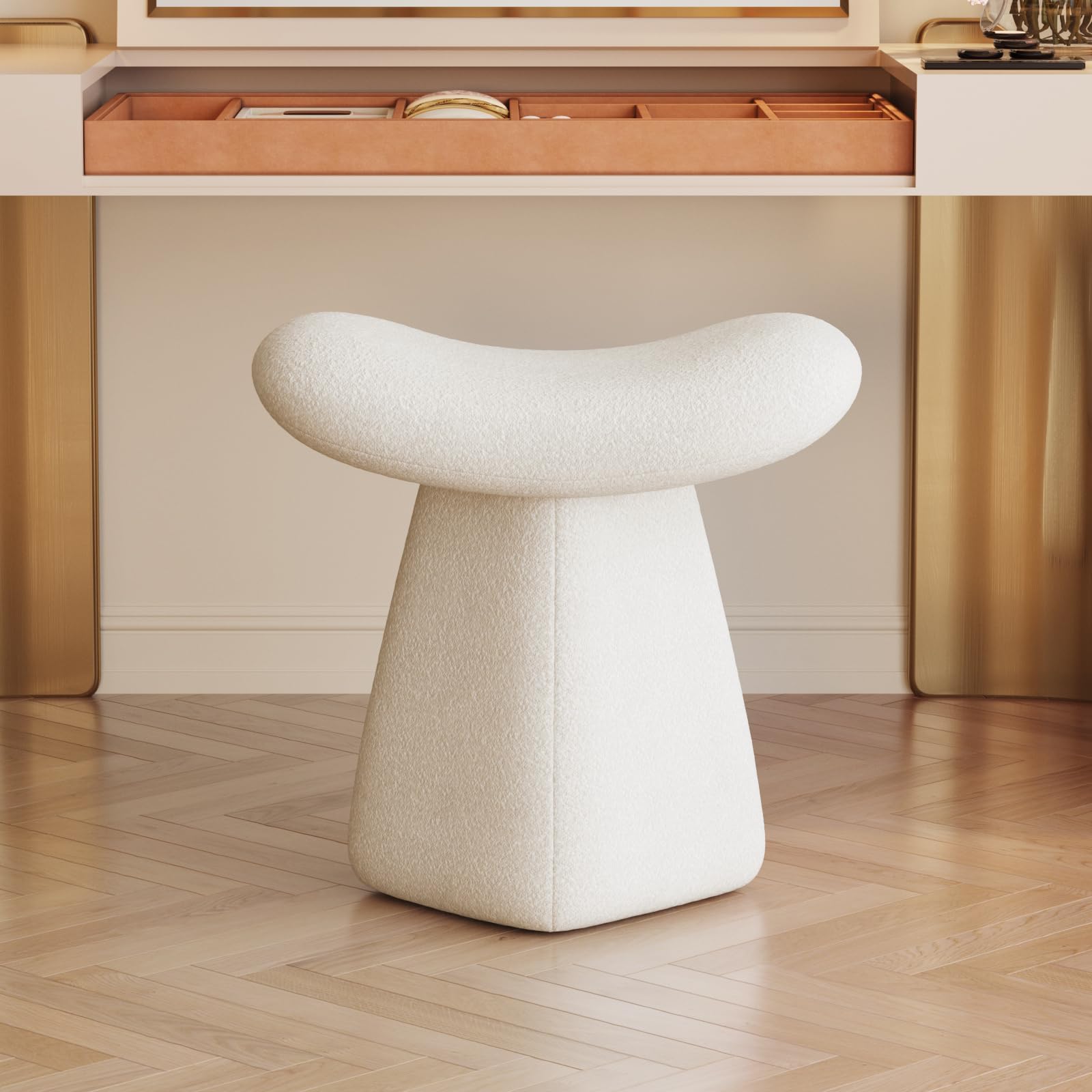 Boucle Curved Saddle Makeup Stool, Modern Footrest, Entryway Shoe Stool, Upholstered Ottoman, Ergonomic Design for Dressing Table, Entryway, Living Room