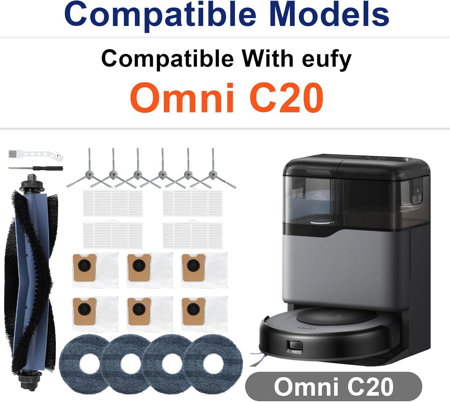 23 PCS Accessories for Eufy Omni C20 Robot Vacuum, Replacement Parts Main Brush, Side Brush, Washable Filter, Dust Bag, Mop Pad
