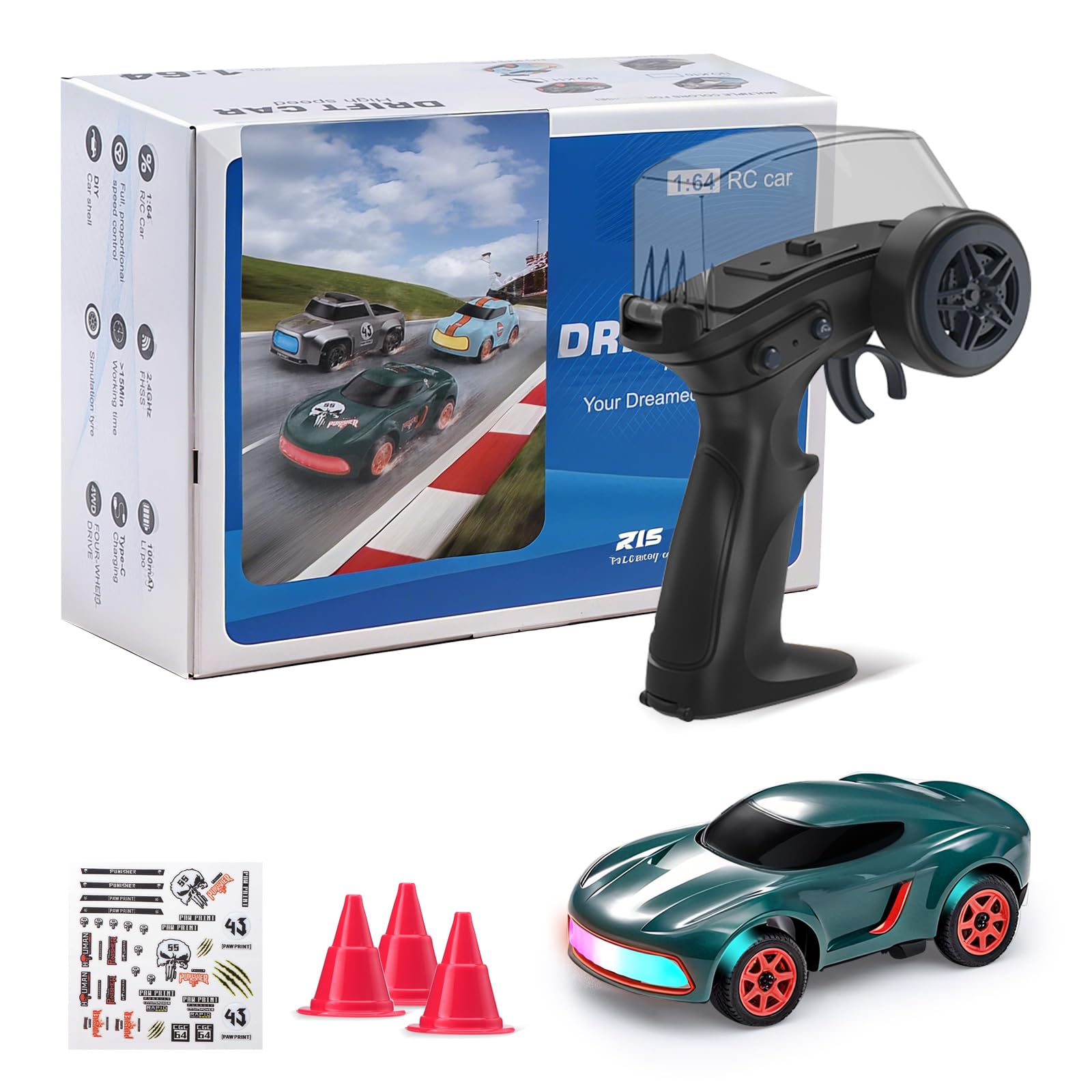 ANTSIR Mini RC Drift Car for Adults, 1/64 Desktop Drift Car with Colorful Lights, Desk Remote Control Cars for Race, Hobby Gifts and Toys (Matte Green