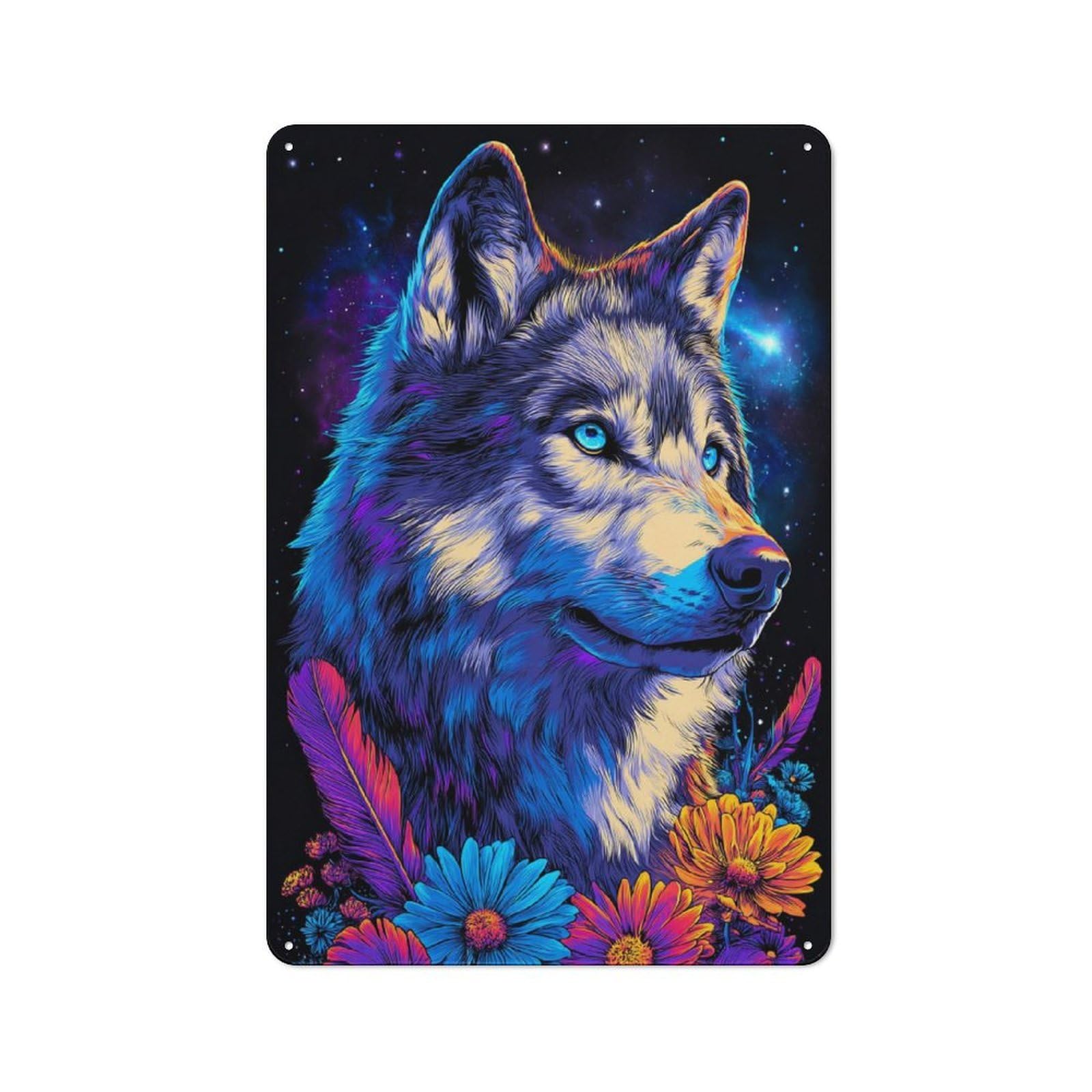 Junmoney Neon Wolf With Flowers -1 Metal Plaque With Design 30X20cm, Vintage Bistro Wall Plaque For Coffee Bar, Kitchen, Bistro Or Tea Corner