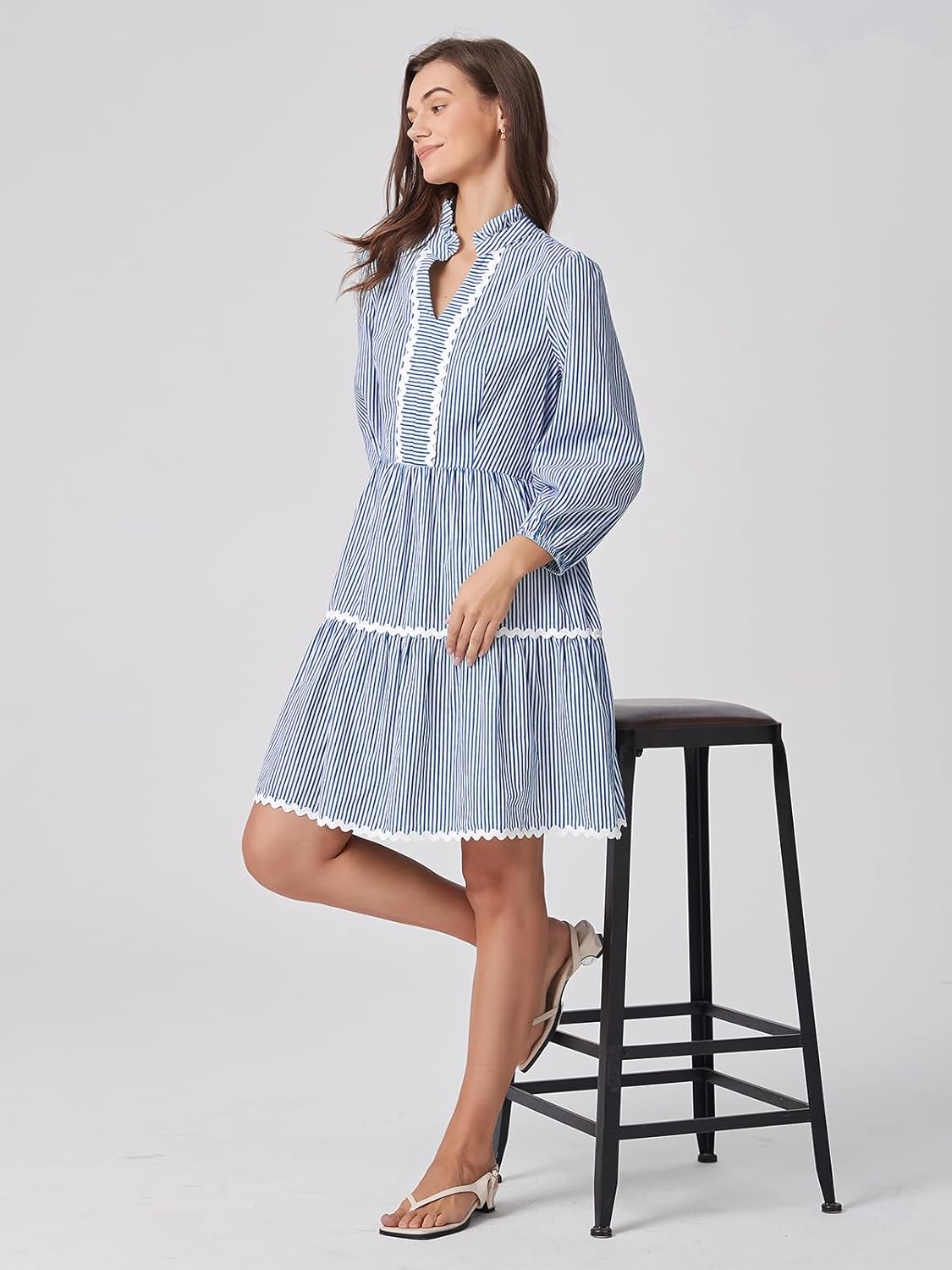 D-Sun Women Long Sleeve Mini Dress Striped V-Neck Holiday Dress with Pockets Cotton Casual A-Line Tunic Sundress - Image 6