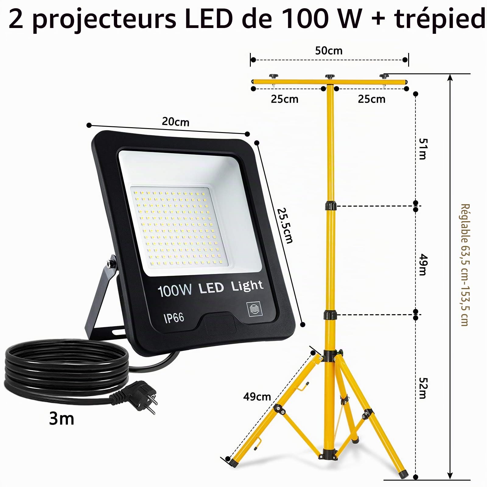 UISEBRT Projecteur LED 2x100W Blanc chaud avec trépied - Projecteur de travail à LED étanche IP66 pour usage intérieur et extérieur - garage, jardin, chantier (2x100W blanc froid + trépied) FL-4M-100