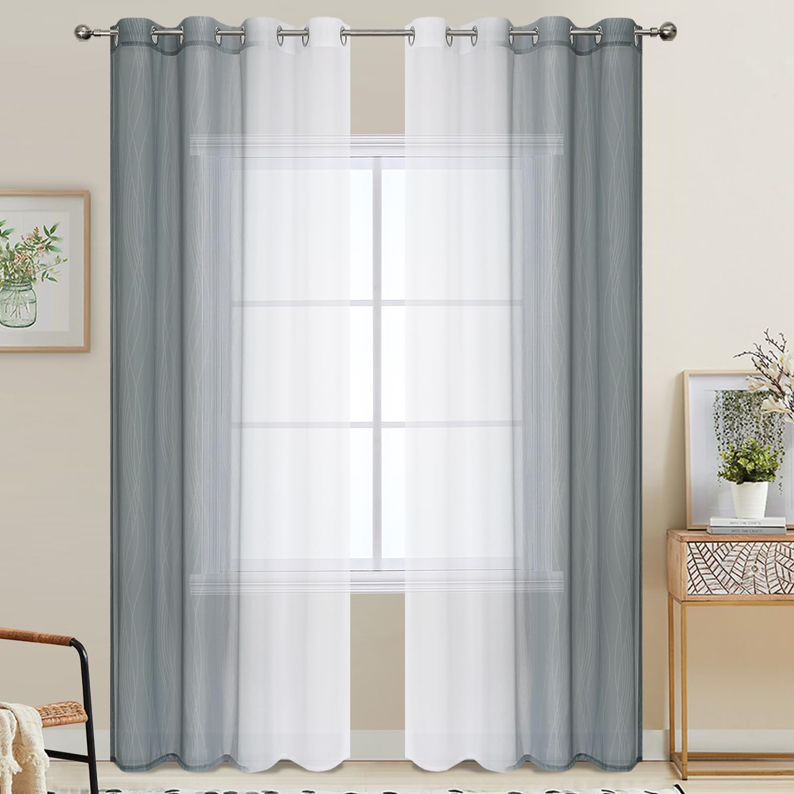 VEHEDE Ombre Window Voile Curtains for Bedroom 84 Inches Drop, Gradient Semi Sheer Curtain for Living Room with Eyelet, Grey and Greyish White, W52 x L84 Inch 2 Panels
