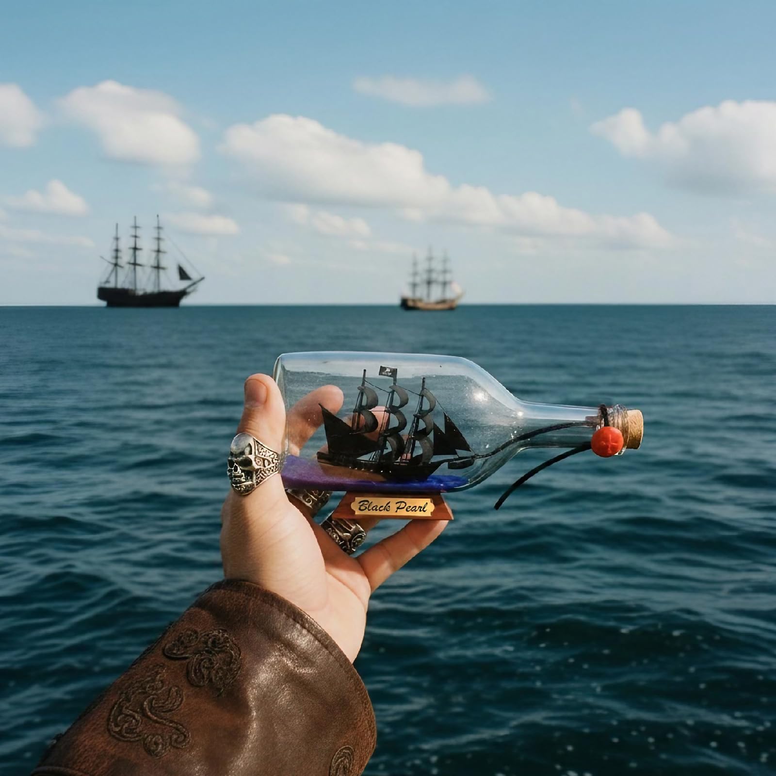 Black Pearl Karibik Pirat Modell Schiff in Einer Flasche Glas Ornament Tischplatte Nautische Heimdekoration Mayflower USS Verfassung USCG Adler Geschenk für Jungen (Black Pearl 22,9 cm)