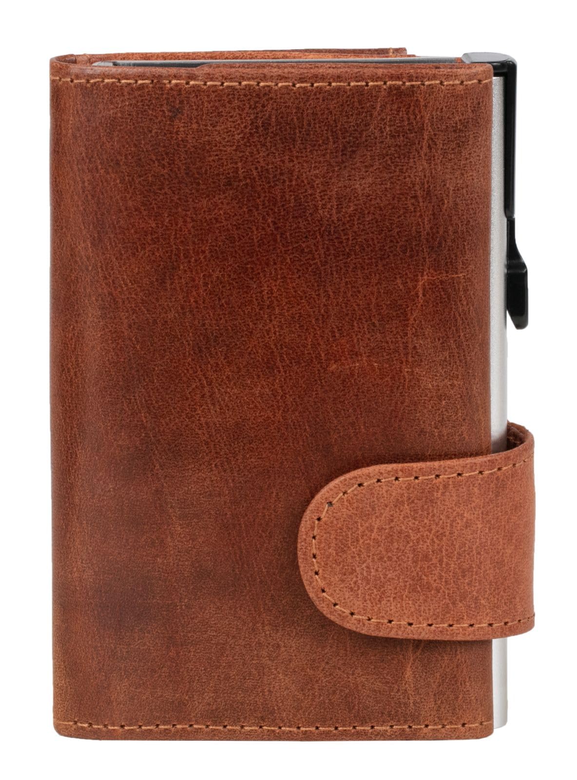 962508 Kreditkartenetui mit Münzfach und Geldscheinfach aus cognacfarbenem Büffelleder mit champagnerfarbenem Aluminium Tresor und RFID Schutz (Kartenetui, Kartenhalter, Slim Wallet)