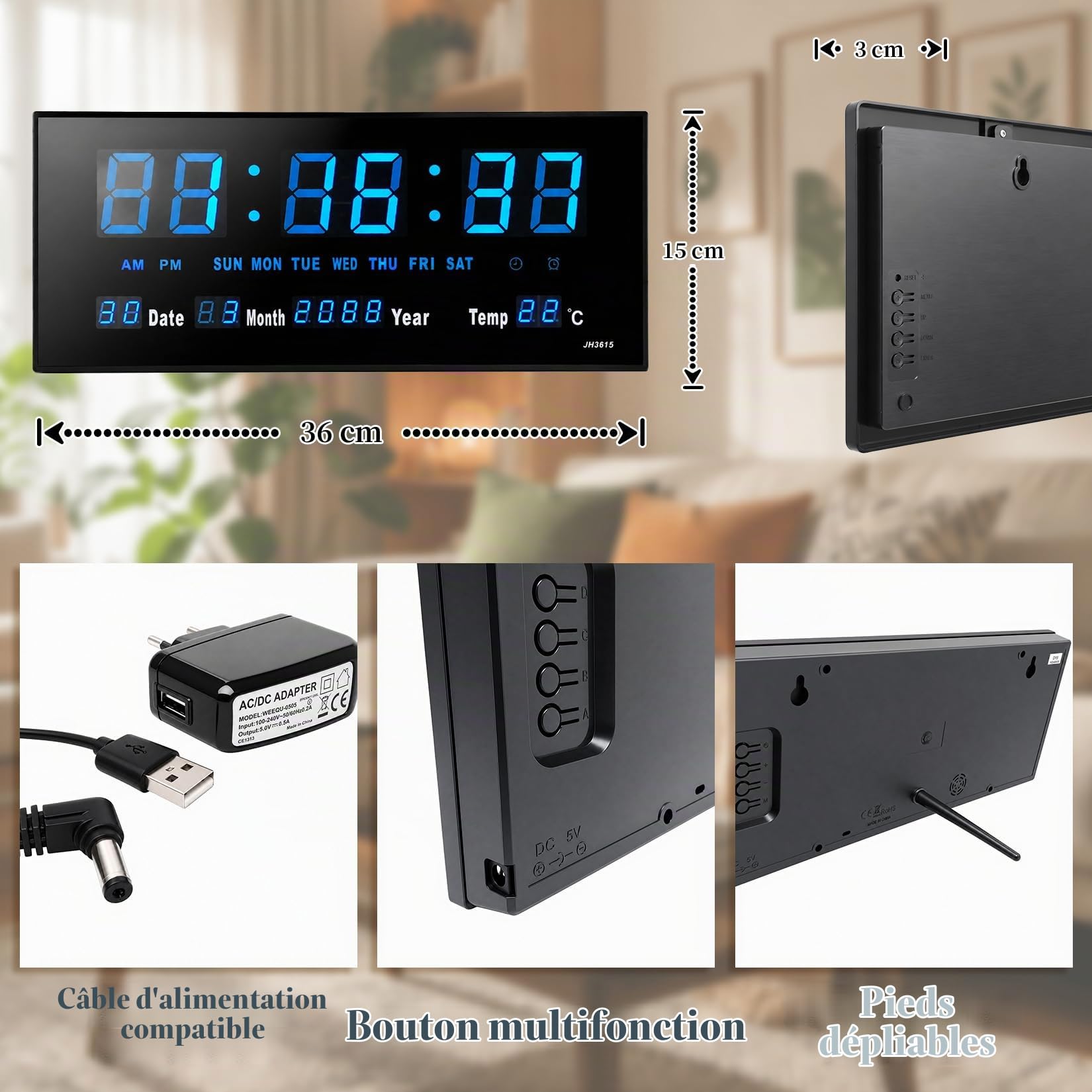 Starlet24 JH4622 Horloge murale LED avec affichage de la date et de la température Bleu 45 x 22 cm