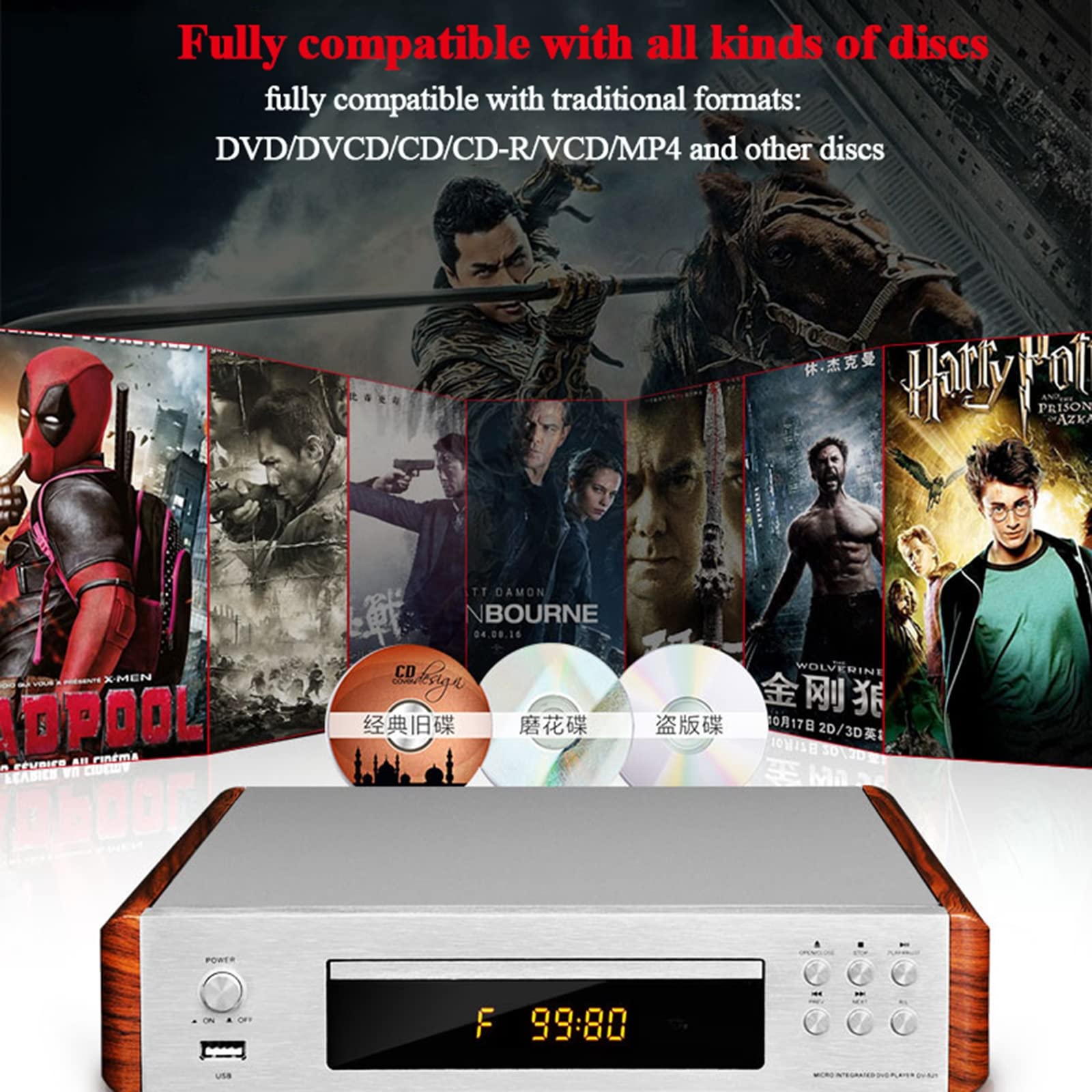 Odtwarzacz DVD 5.1 dźwięk, odtwarzacz HD dla dzieci domowych, wyświetlacz LED przenośny odtwarzacz USB CD MP3 dla wszystkich regionów