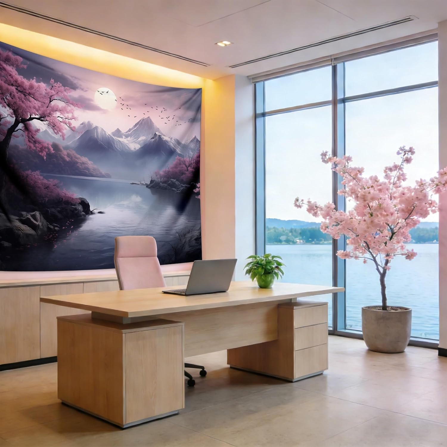 QGHOT Japanese Cherry Blossom Tapestry Wall Hanging Asian Anime Nature Mountain Wall Art Calming Tapestries for Bedroom Living Room Decor 78.7L x 104W