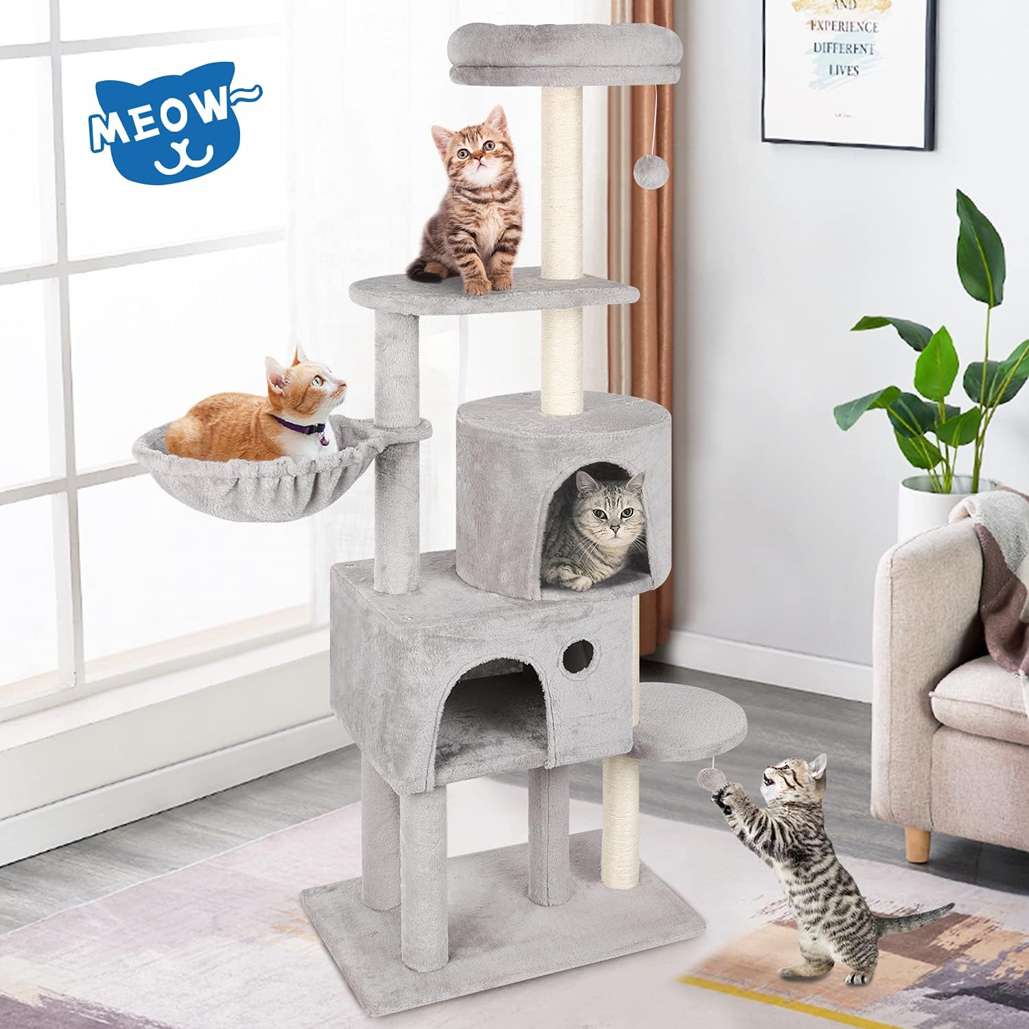 59in Cat Tree Tower for Indoor Cats - Tall Cat Climbing Tower with Sisal Cat Scratching Post, Cat Condo, Cat Furniture Activity Playground with Perch and Hammock for Large Cats and Kittens CT-DM-802 : Pet Supplies