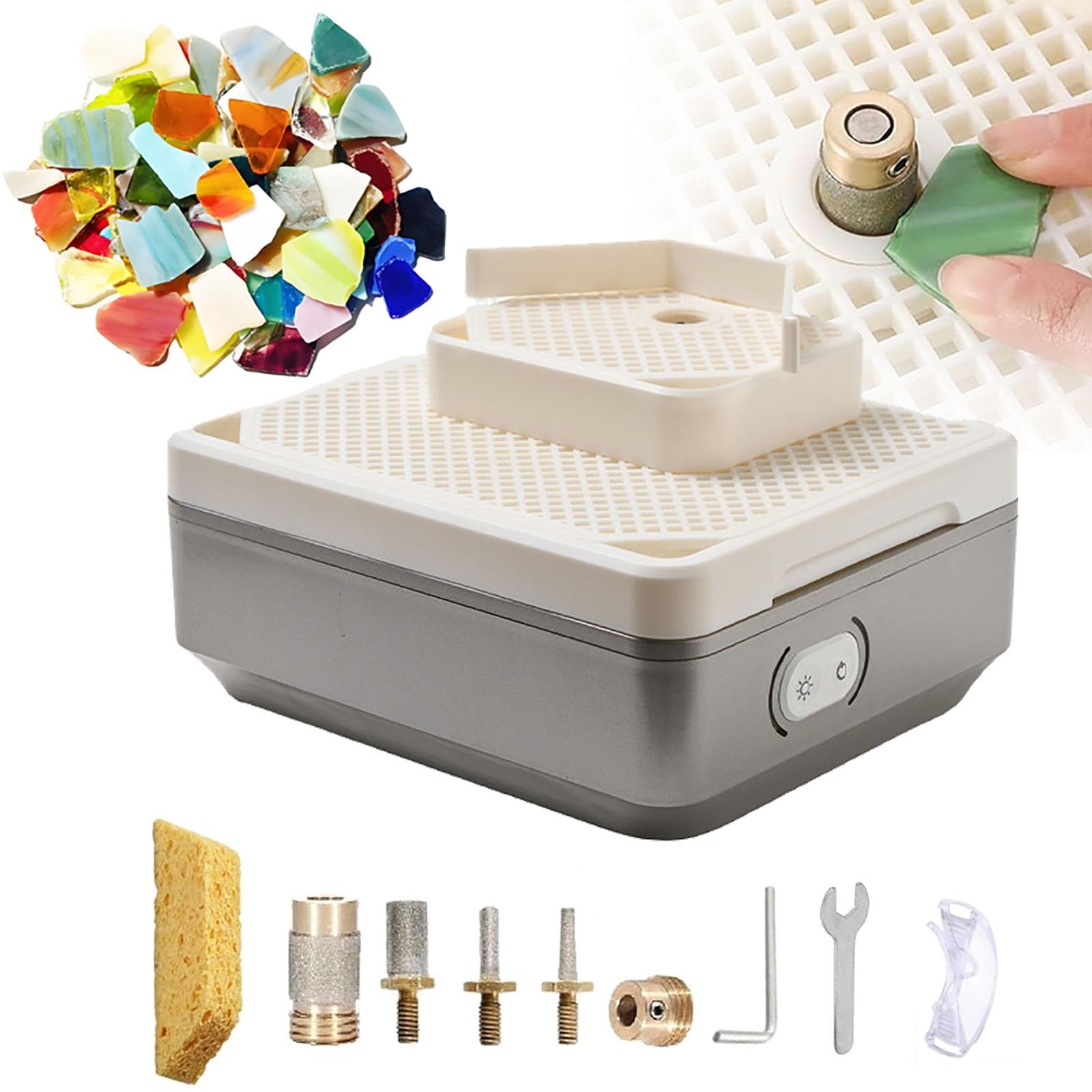 YXYLJOZ 4200rpm Stained Glass Grinder Machine,Dual Layer Auto Water Feed, 4 Grinder Bits, for Drilling/Edge Refinement, Glass Crafting