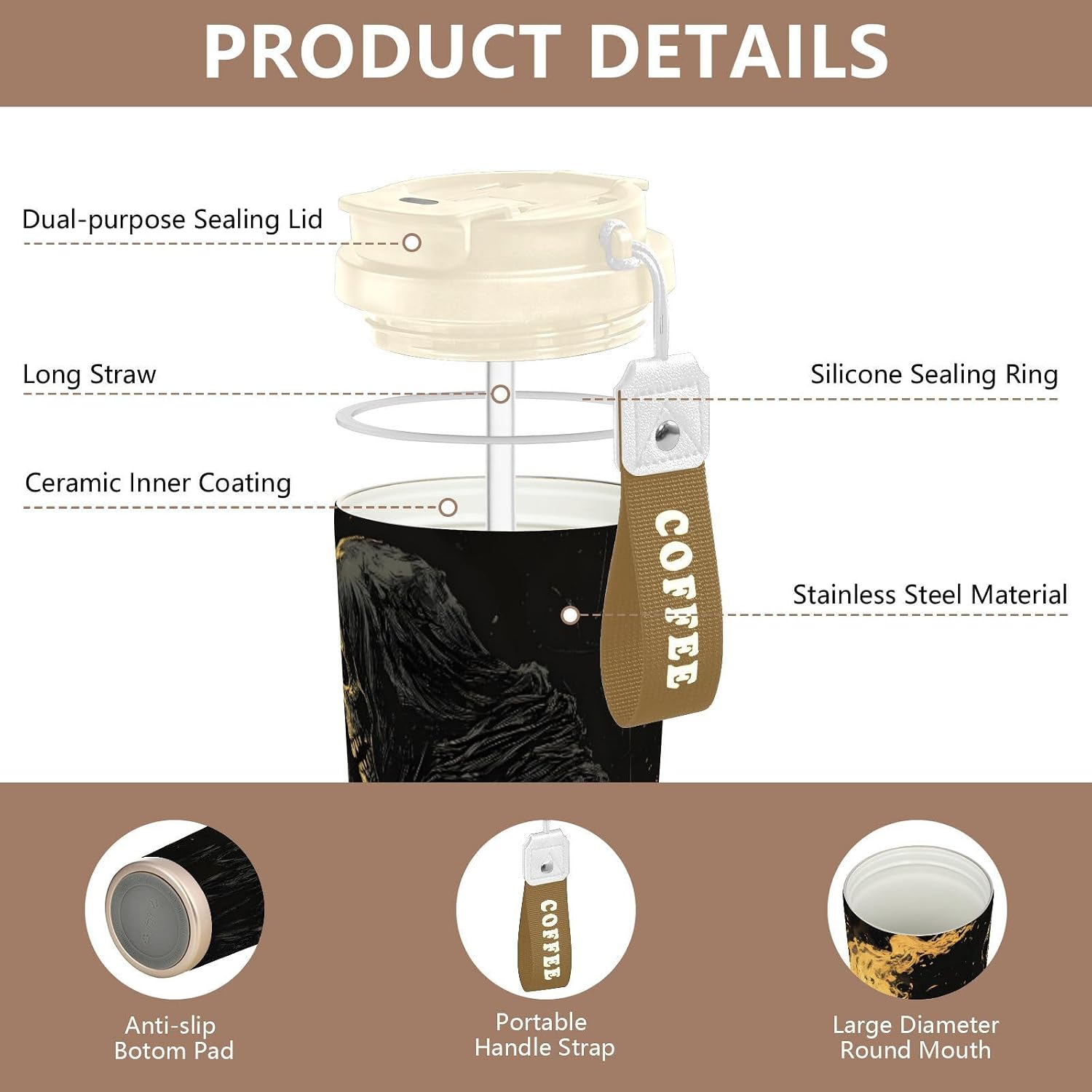 Death Ball Fire Dark Insulated Coffee Mug with Straw & Flip Lid, 16.9oz Iced Tumbler Cup, Double Wall Vacuum Leak-Proof Mug for Travel Office