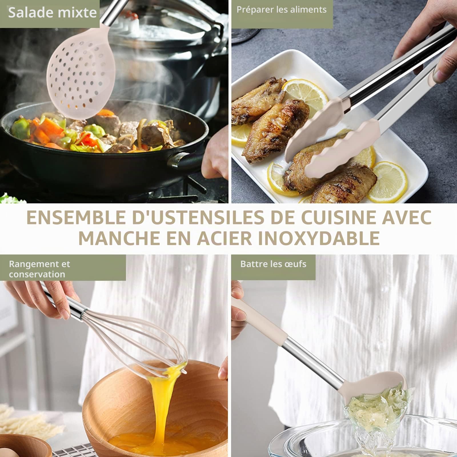 Umite Chef Ensemble d'ustensiles de cuisine en acier inoxydable - Antiadhésifs - Ensemble de spatules - 15 pièces - gadgets de cuisine à offrir